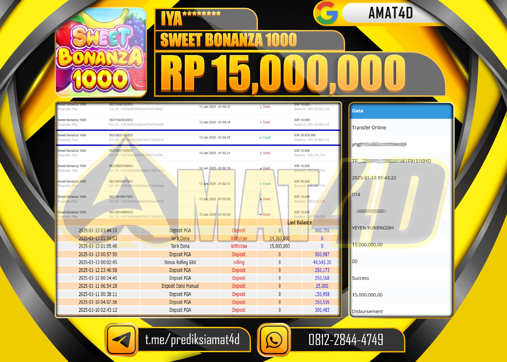 AMAT4D KEMENANGAN JACKPOT SWEET BONANZA 1000 Rp.15.000.000 BERHASIL DI BAYAR LUNAS