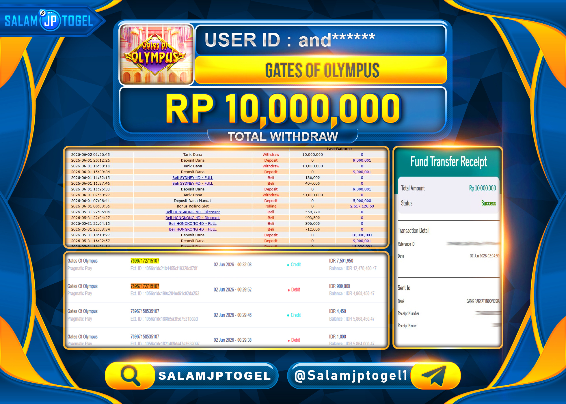SALAMJPTOGEL JACKPOT MENANG SLOT GATES OF OLYMPUS Rp.10,000,000 - LUNAS