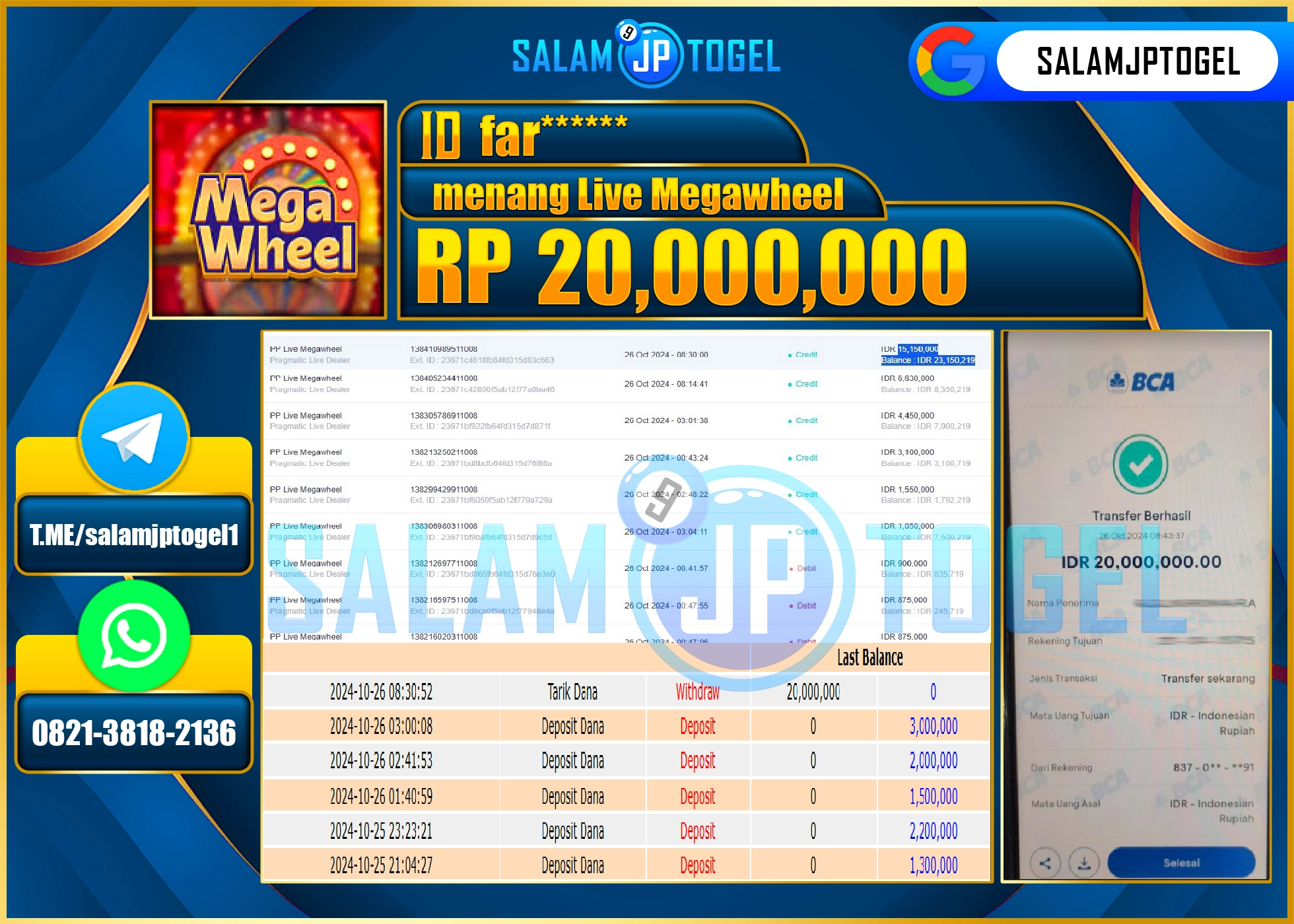 SALAMJPTOGEL MENANG LIVEGAMES MEGAWHEEL RP. 20,000,000 LUNAS