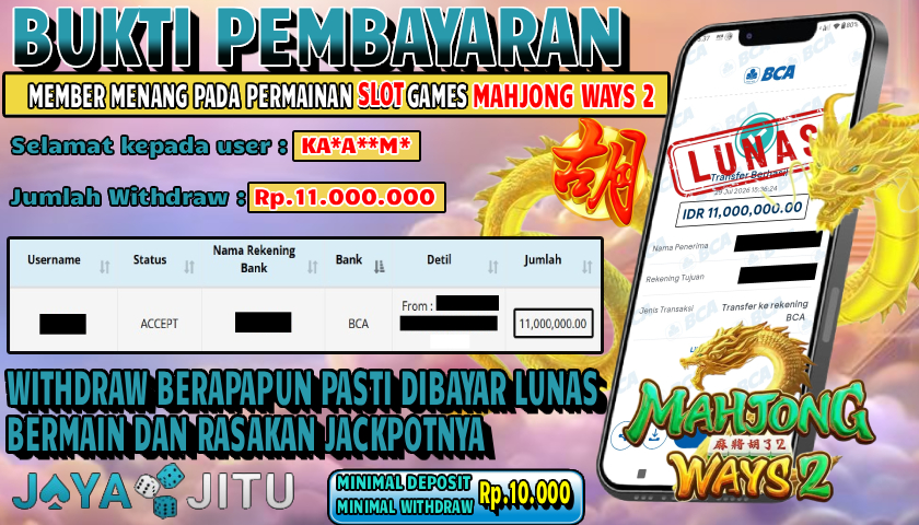 🏆 BUKTI KEMENANGAN MAHJONG WAYS 2 MEMBER  JAYAJITU🏆