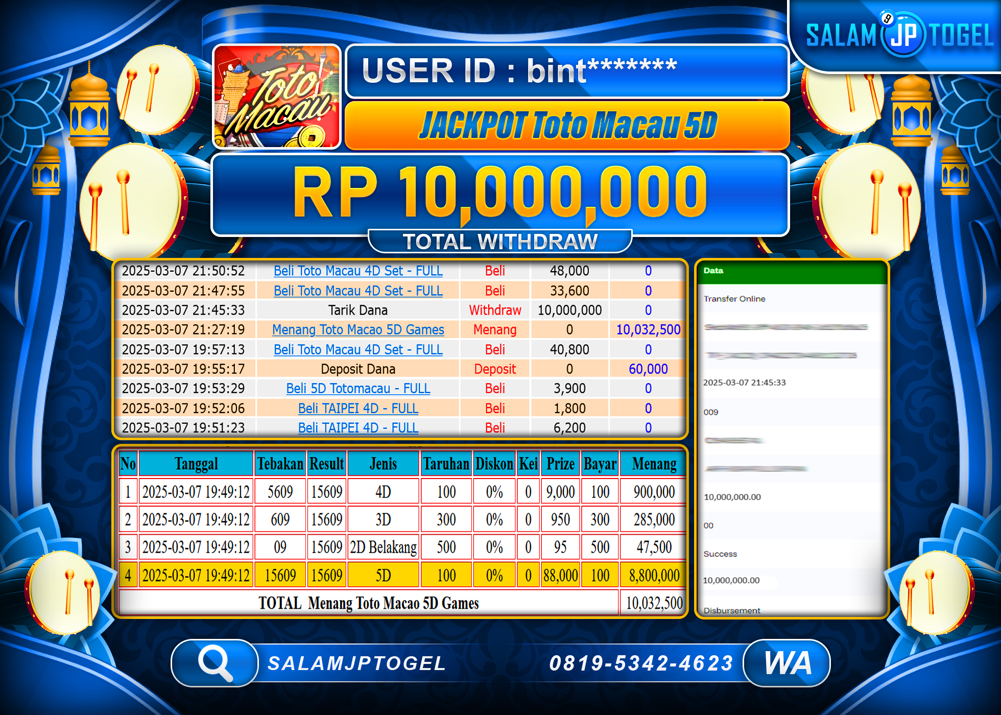 SALAMJPTOGEL MENANG TOTO MACAU 5D Rp. 10,000,000 LUNAS