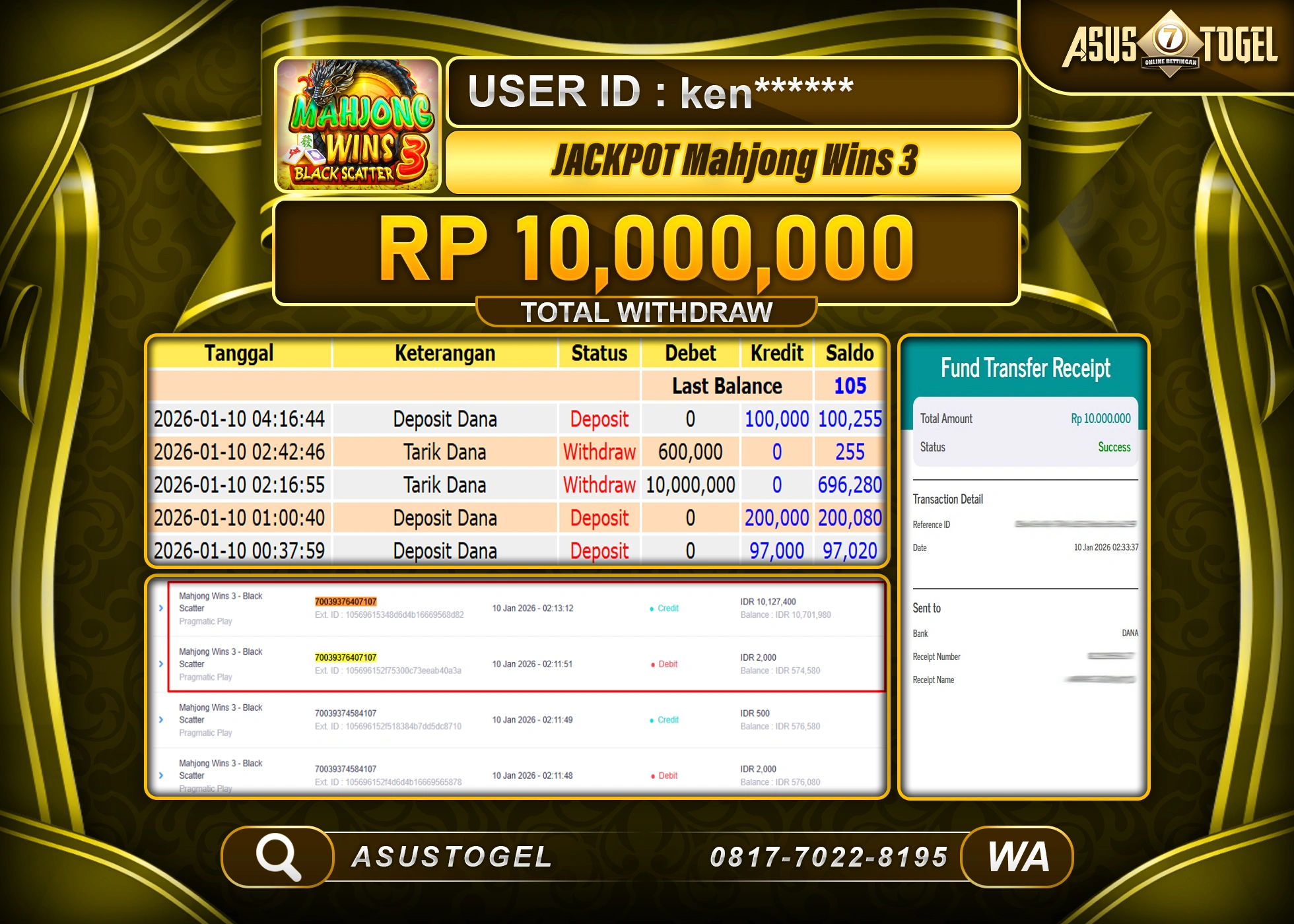 ASUSTOGEL KEMENANGAN DI SLOT MAHJONG WINS 3 SEBESAR 10,000,000 - RUPIAH LUNAS