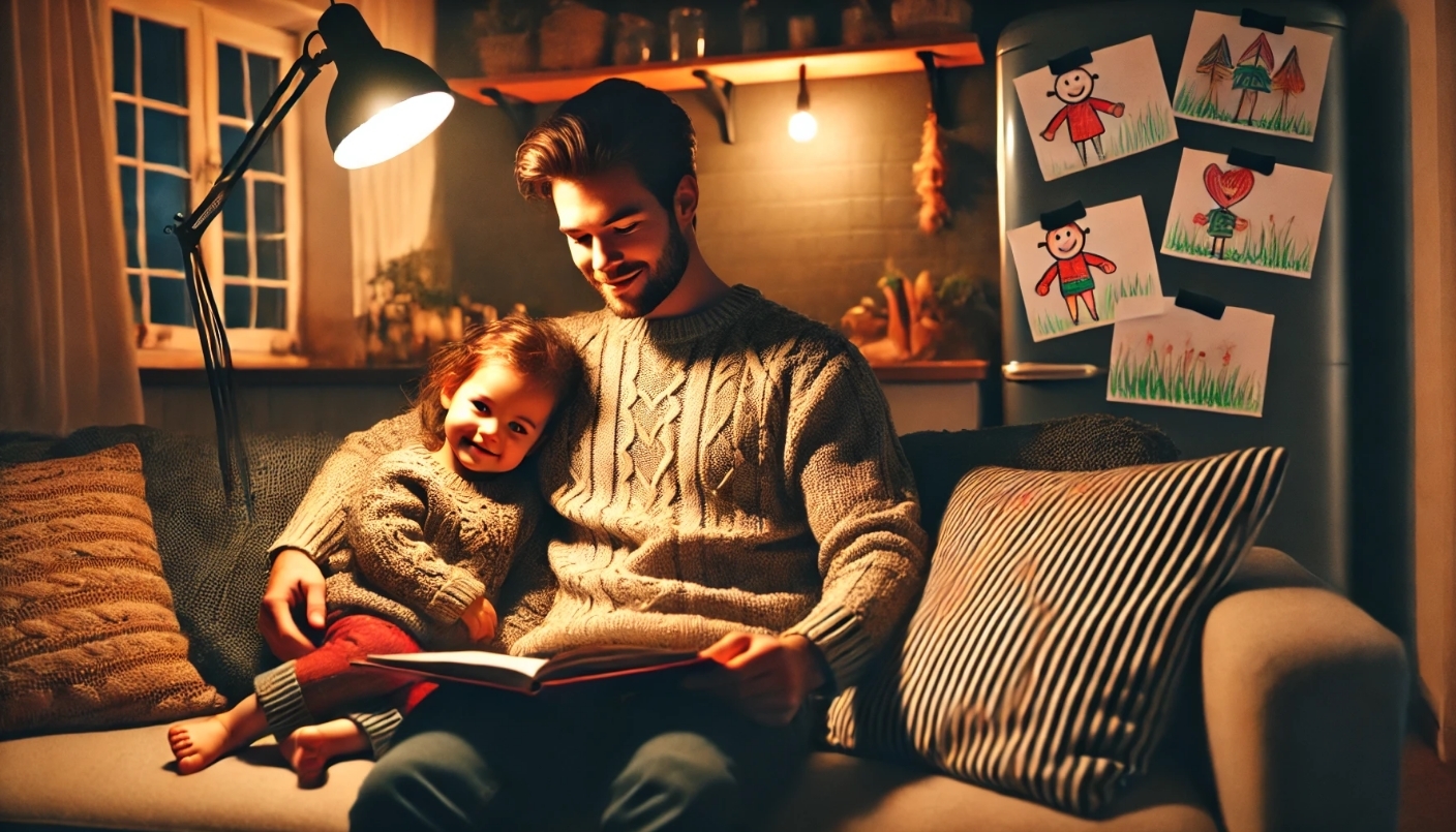 Imagen creada con Inteligencia Artificial, hija abrazando a su padre en un salón. Fuente: DALL-E
