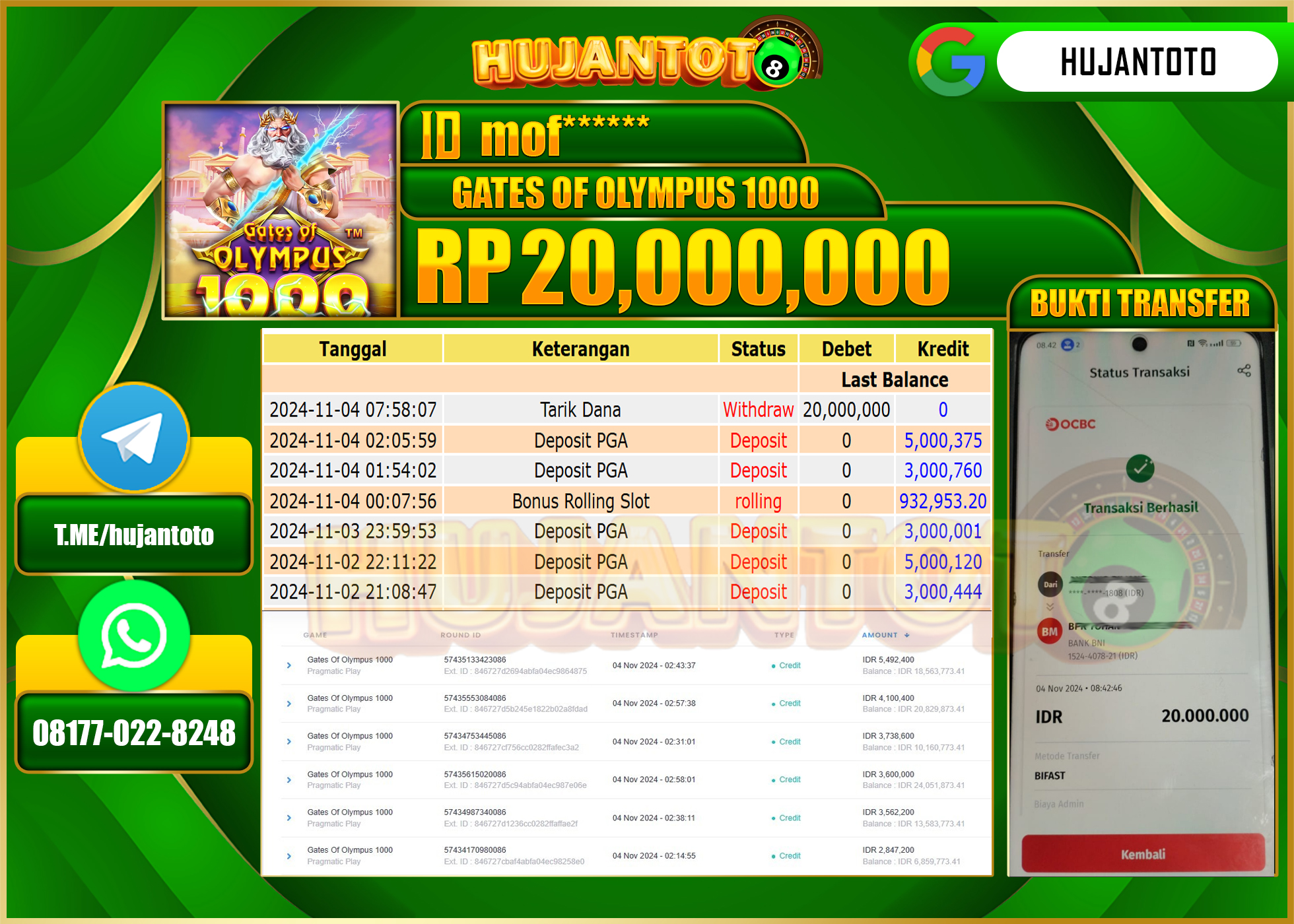 HUJANTOTO MENANG DI PERMAINAN GATE OF  OLYMPUS 1000  SEBESAR   - 20,000,000 - LUNAS