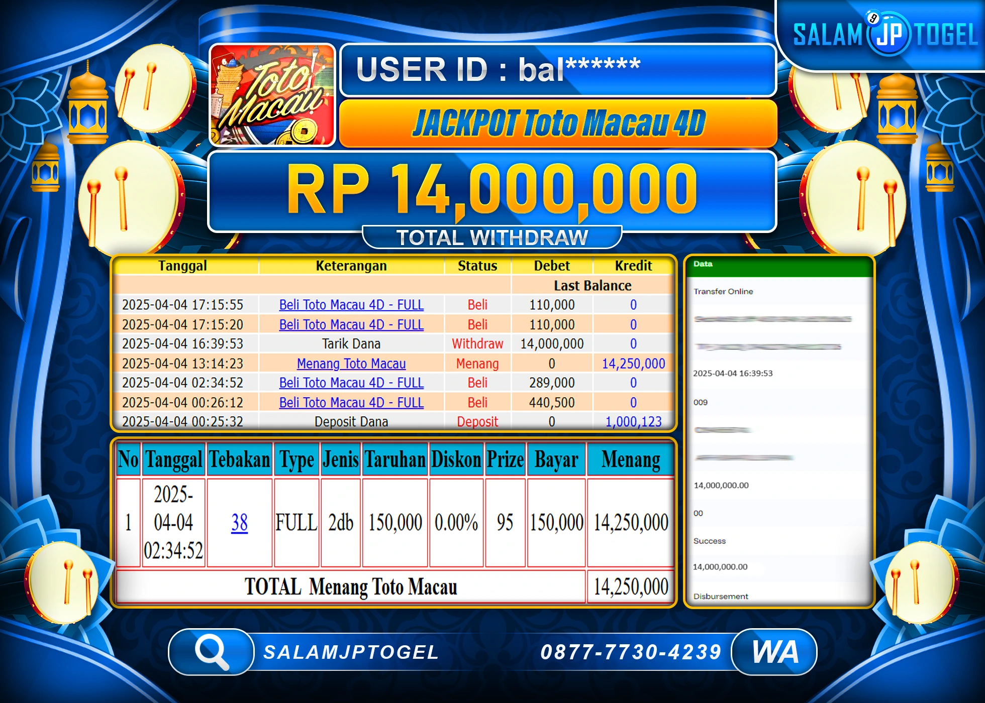 SALAMJPTOGEL MENANG TOTO MACAU 4D Rp. 14,000,000 LUNAS