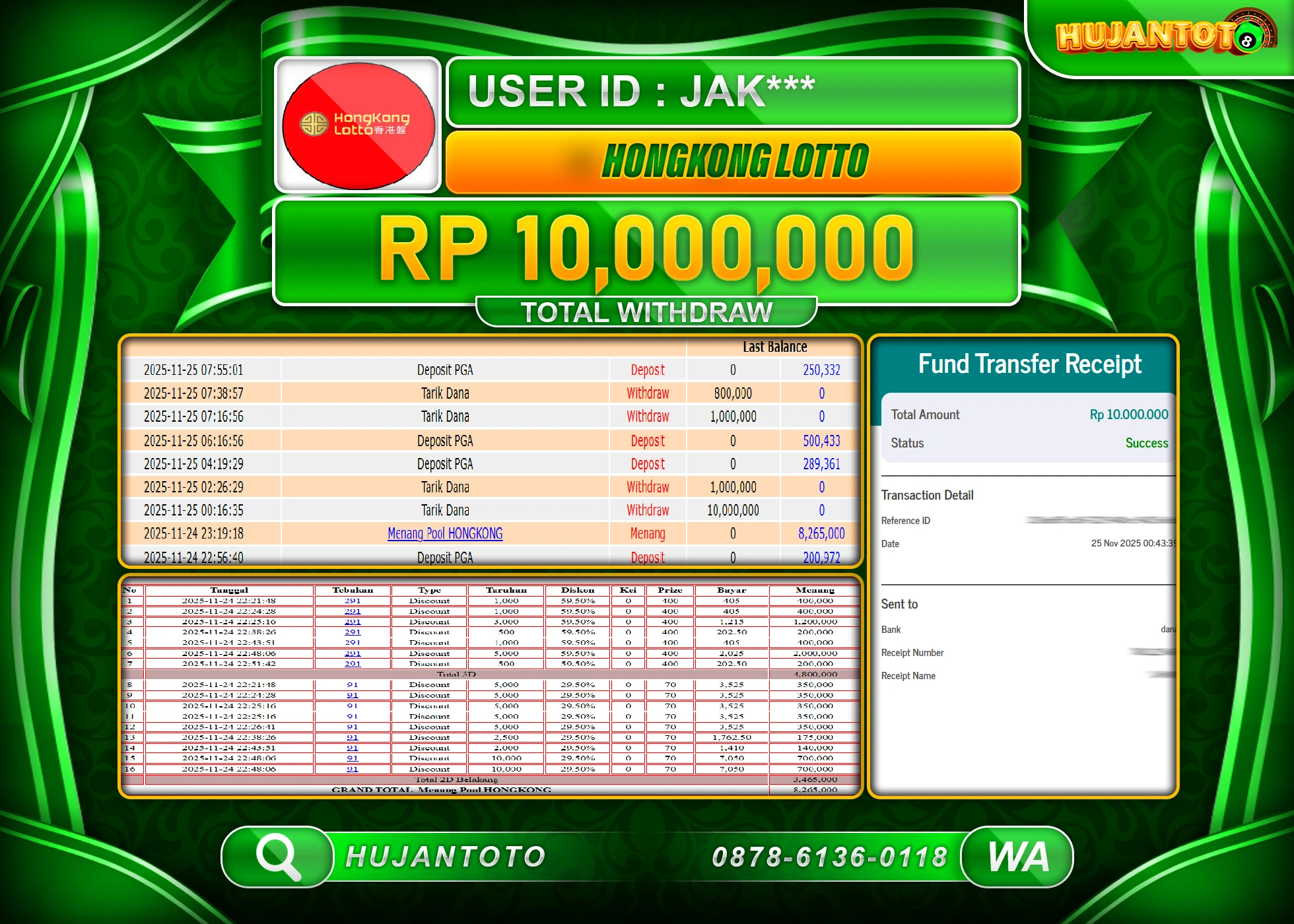 HUJANTOTO - BUKTI JACKPOT MENANG TOGEL HONGKONG LOTTO Rp.10,000,000 - TERBAYAR LUNAS