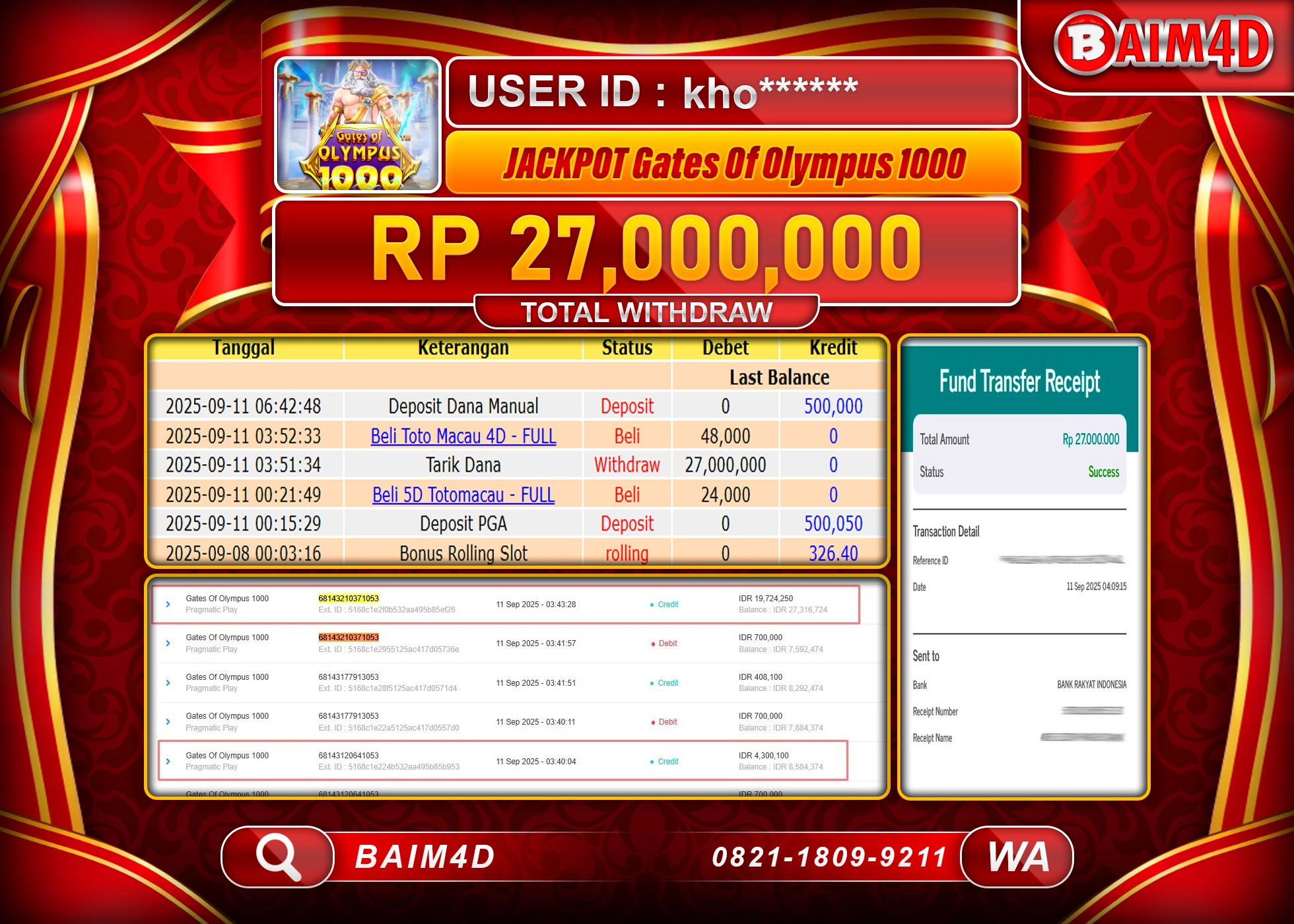BAIM4D JACKPOT SLOT GATES OF OLYMPUS 1000 Rp.27,000,000.- LUNAS