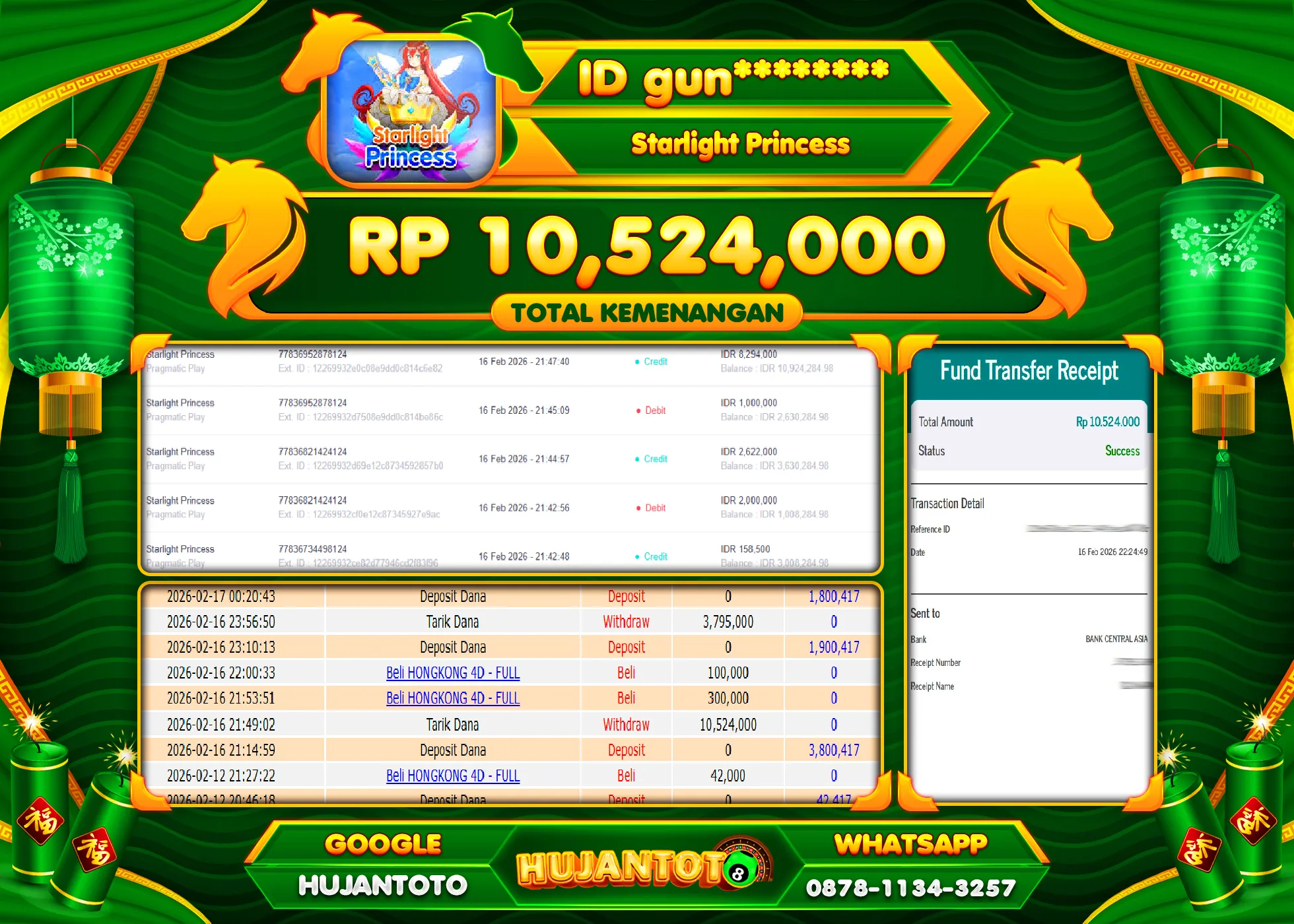 HUJANTOTO - BUKTI JACKPOT MENANG SLOT STARLIGHT PRINCESS Rp.10,524,000 - TERBAYAR LUNAS