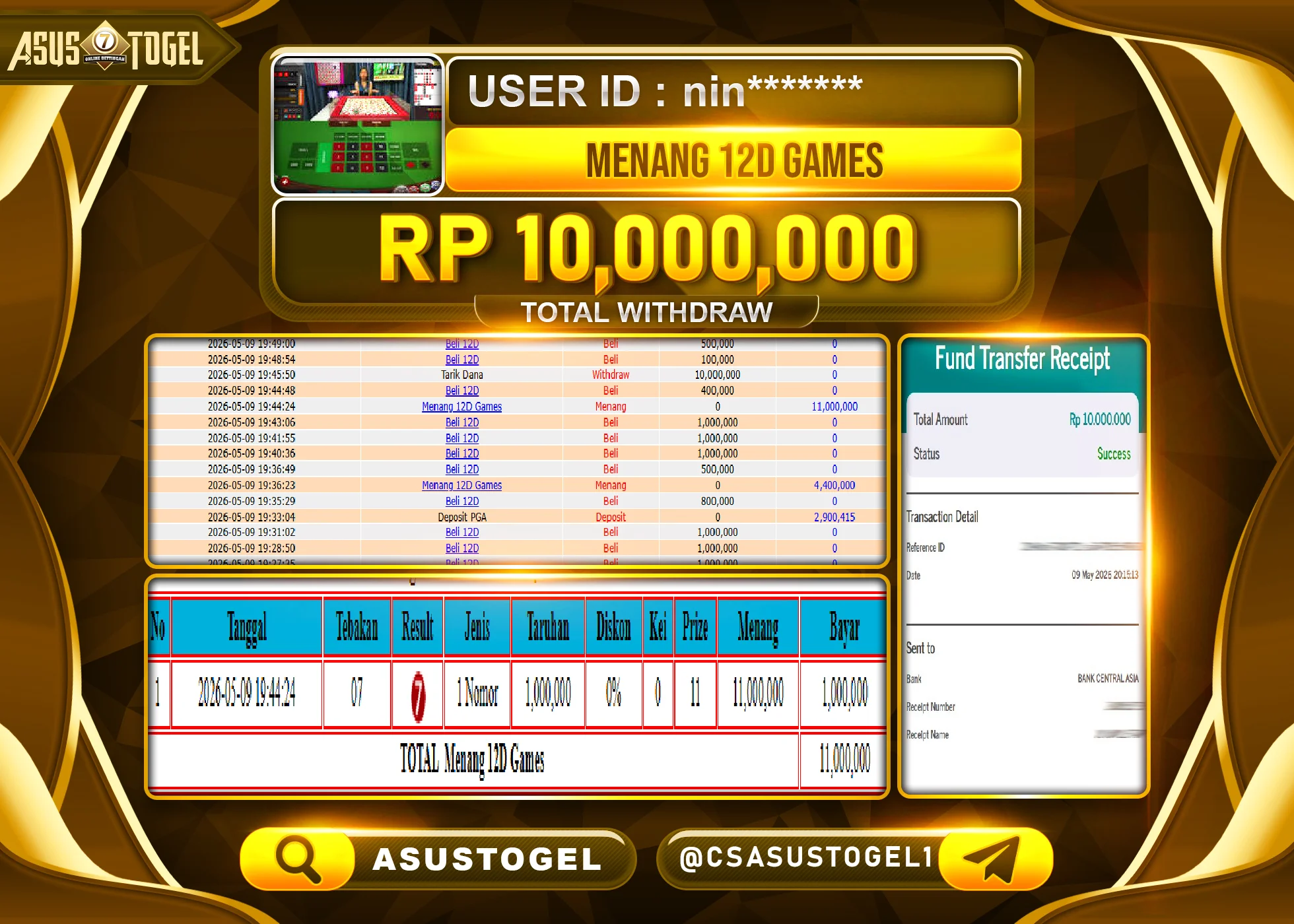 ASUSTOGEL KEMENANGAN JACKPOT DI PERMAINAN LIVEGAMES 12D GAMES SEBESAR Rp.10,000,000 - RUPIAH LUNAS