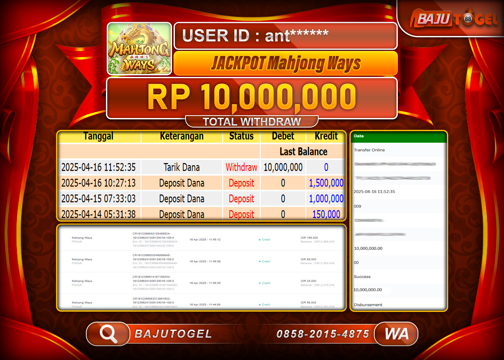 BAJUTOGEL KEMENANGAN MAHJONG WAYS 1000 Rp.10.000.000 LUNAS