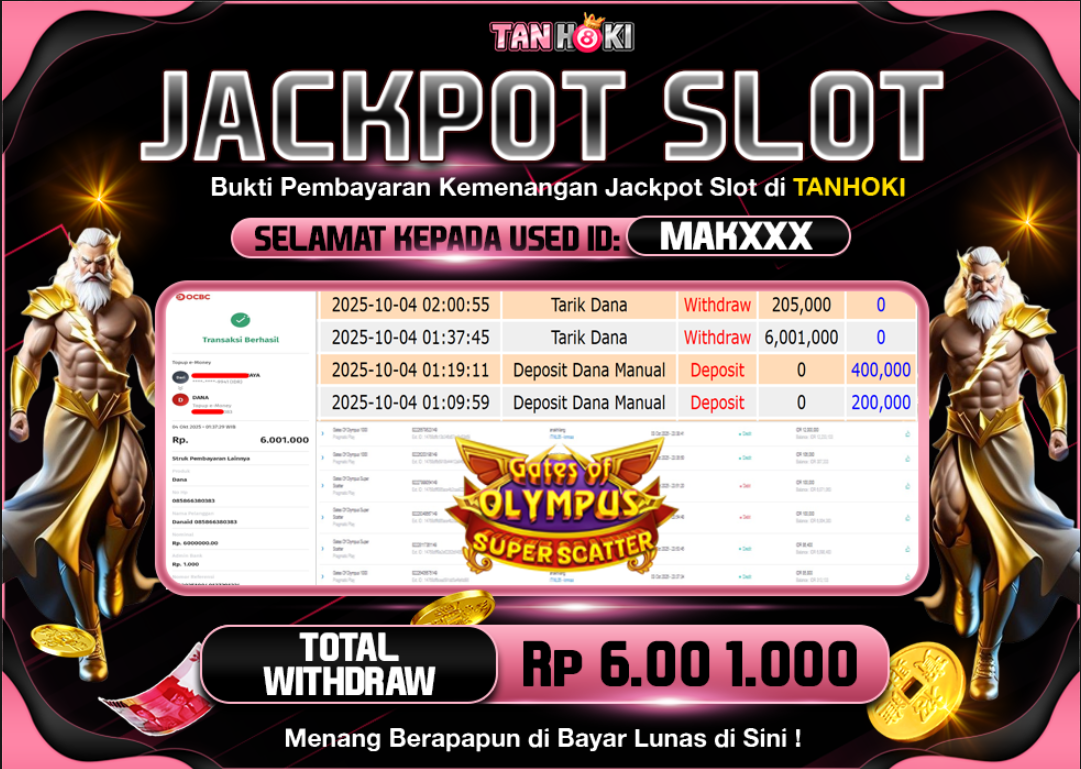 TANHOKI JACKPOT SLOT GATES OF OLYMPUS SUPER SCATTER Rp.6.001.000,- LUNAS