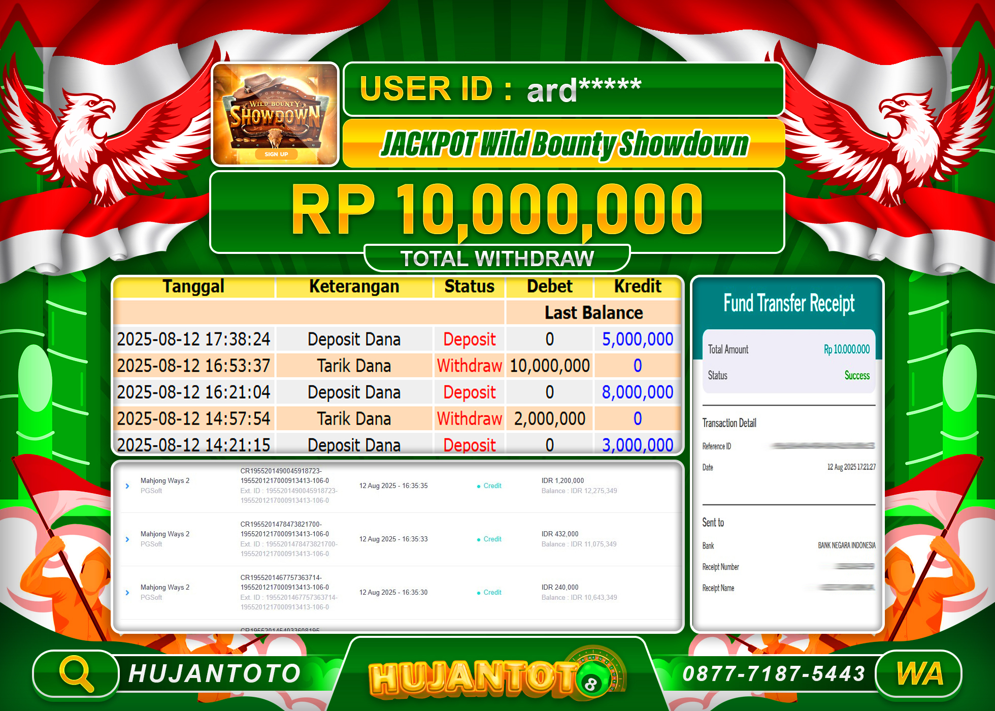 HUJANTOTO - BUKTI JACKPOT MENANG SLOT WILD BOUNTY SHOWDOWN Rp.10,000,000 - TERBAYAR LUNAS