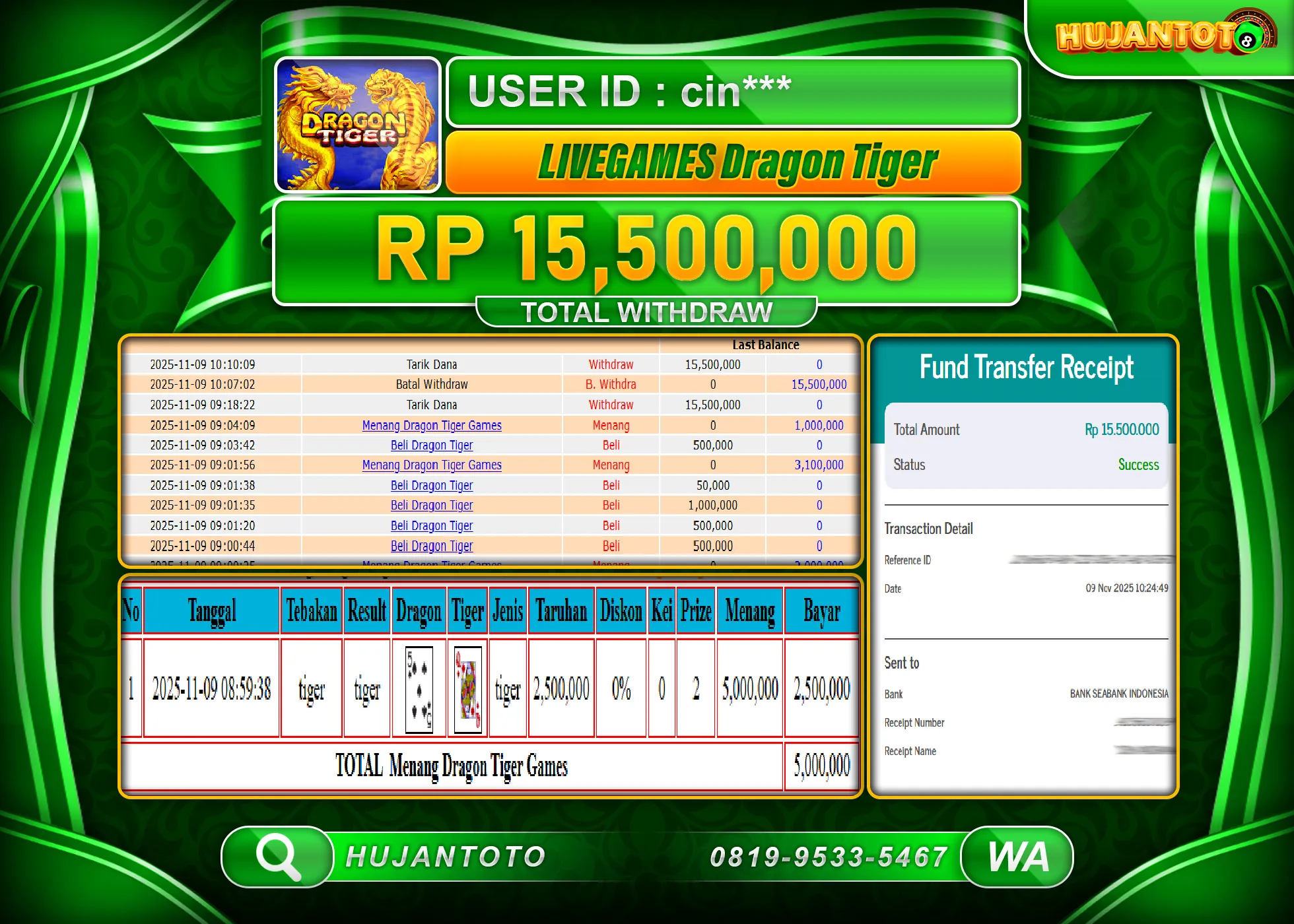 HUJANTOTO - BUKTI JACKPOT MENANG LIVEGAME DRAGON TIGER Rp.15,500,000 - TERBAYAR LUNAS