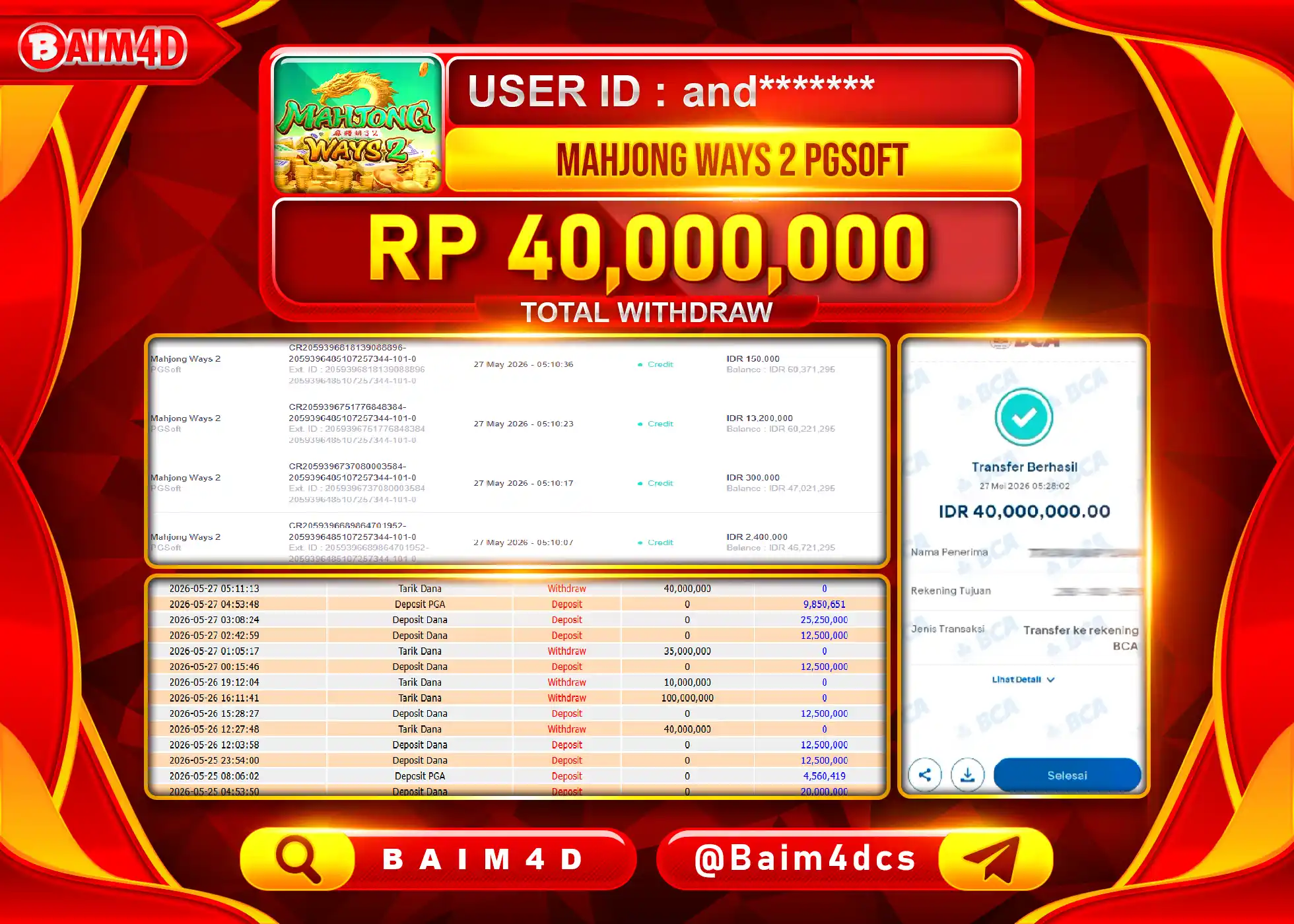 BAIM4D JACKPOT SLOT MAHJONG WAYS 2 Rp.40,000,000 - LUNAS