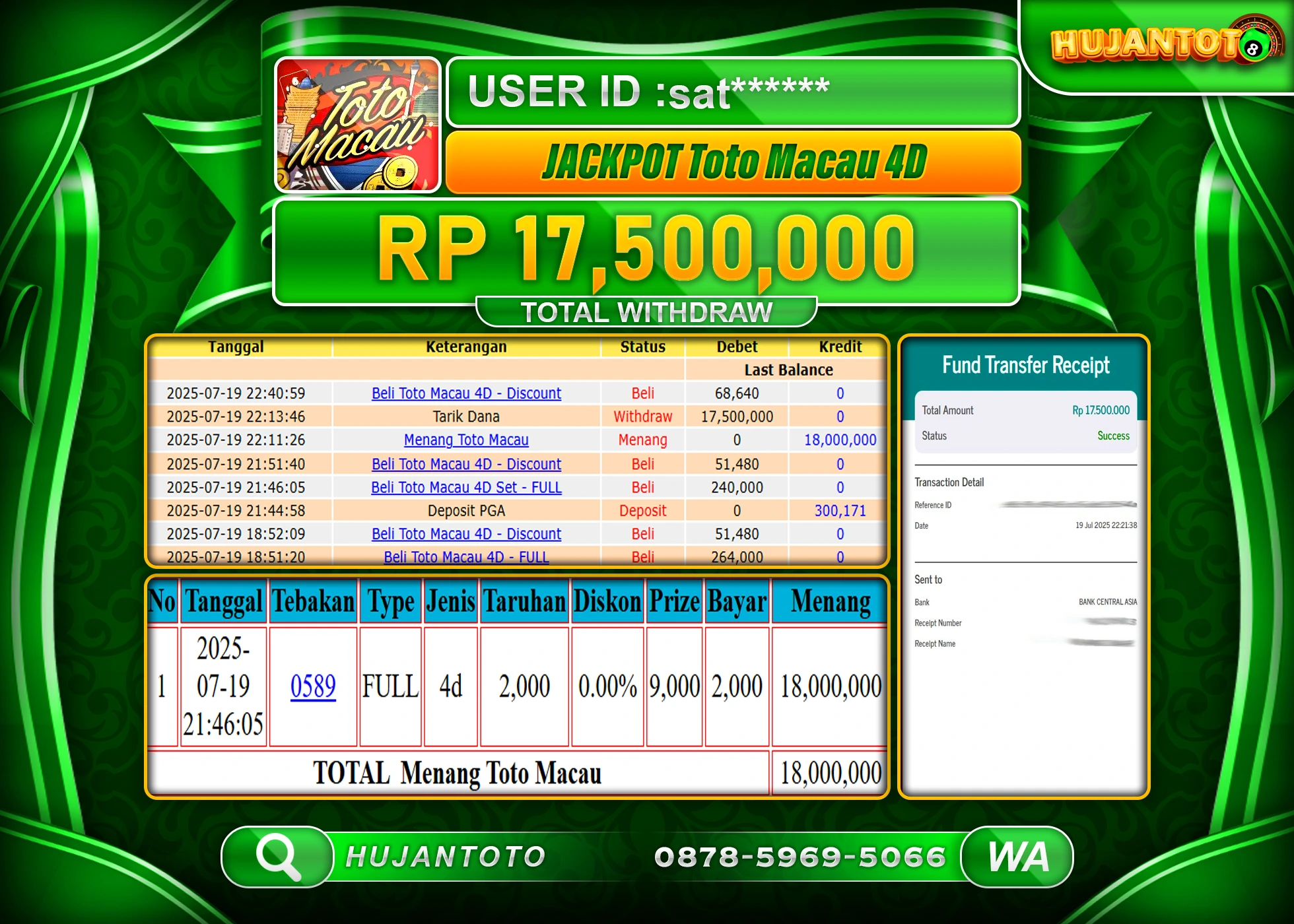 HUJANTOTO - BUKTI JACKPOT MENANG TOGEL TOTO MACAU 4D Rp.17,500,000 - TERBAYAR LUNAS