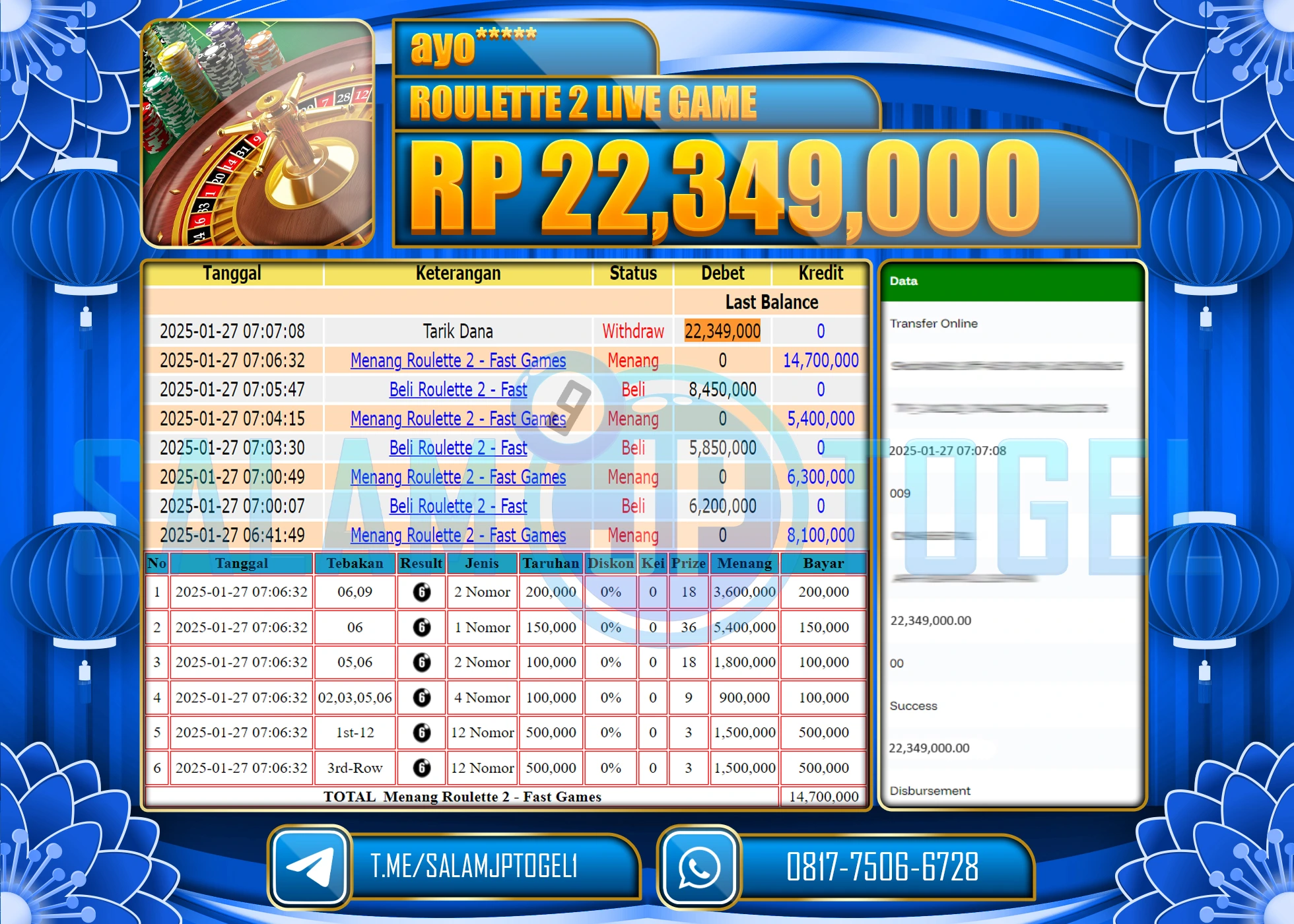 SALAMJPTOGEL MENANG ROULETTE 2 LIVE GAMES Rp.22,349,000 LUNAS