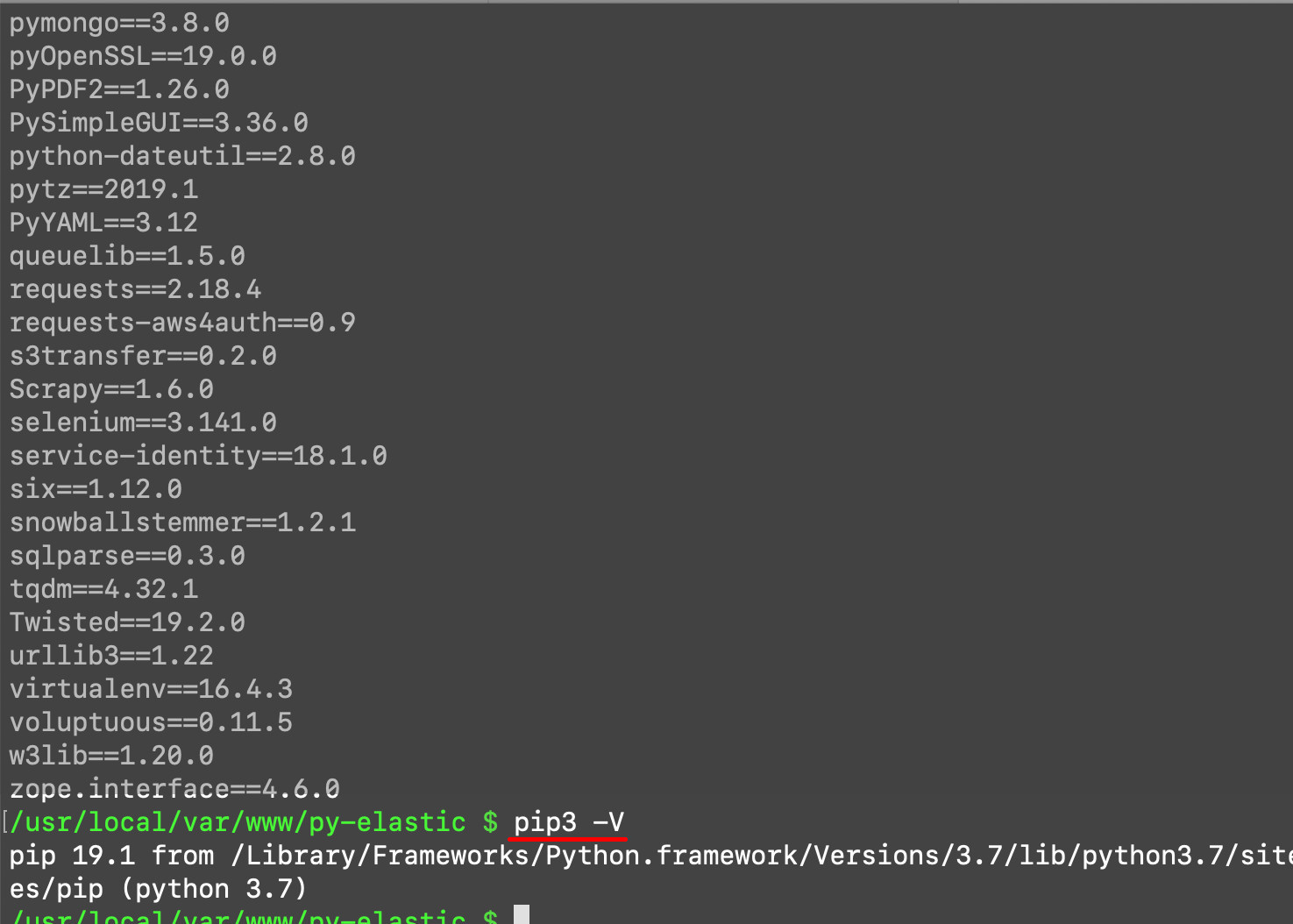 Screenshot of terminal using the pip -V and pip3 freeze commands to get the version and packages installed for PIP3