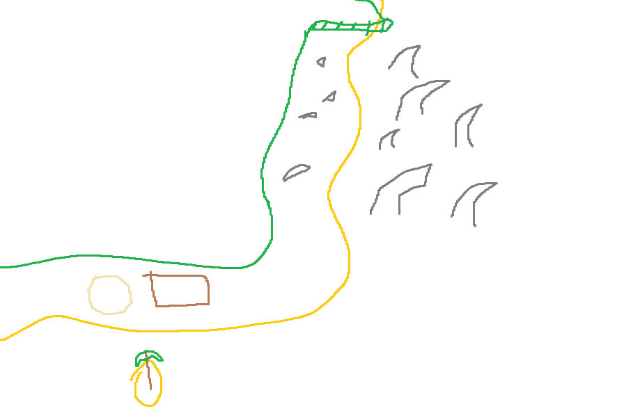 A hastily-drawn map of the exterior of headspace. The upper right corner is taken up by a forest, which is surrounded on the bottom and left sides by beach. The rest of the area is taken up by ocean. At the bottom left side of the beach is the island and two buildings from the previous image. Around the corner and up the beach to the right are a series of gray rocks, both on the beach and in the water. The rocks in the water are larger and more jagged. At the end of the beach is a forested cliff.