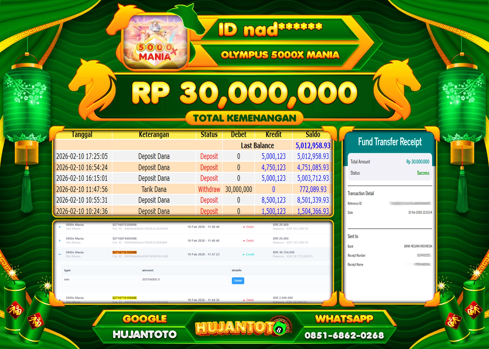 HUJANTOTO - BUKTI JACKPOT MENANG SLOT OLYMPUS 5000X MANIA Rp.30,000,000 - TERBAYAR LUNAS