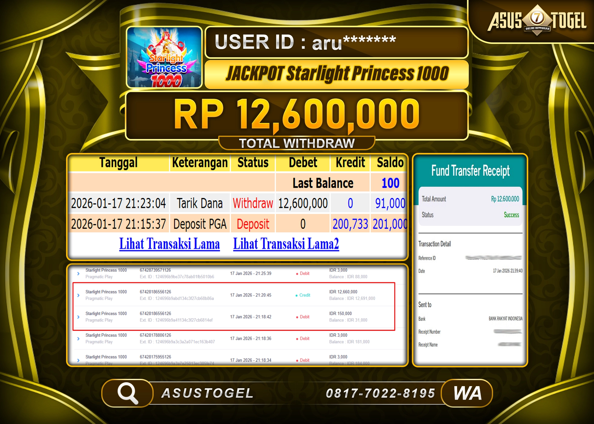 ASUSTOGEL KEMENANGAN DI SLOT STARLIGHT PRINCESS 1000 SEBESAR 12,600,000 - RUPIAH LUNAS