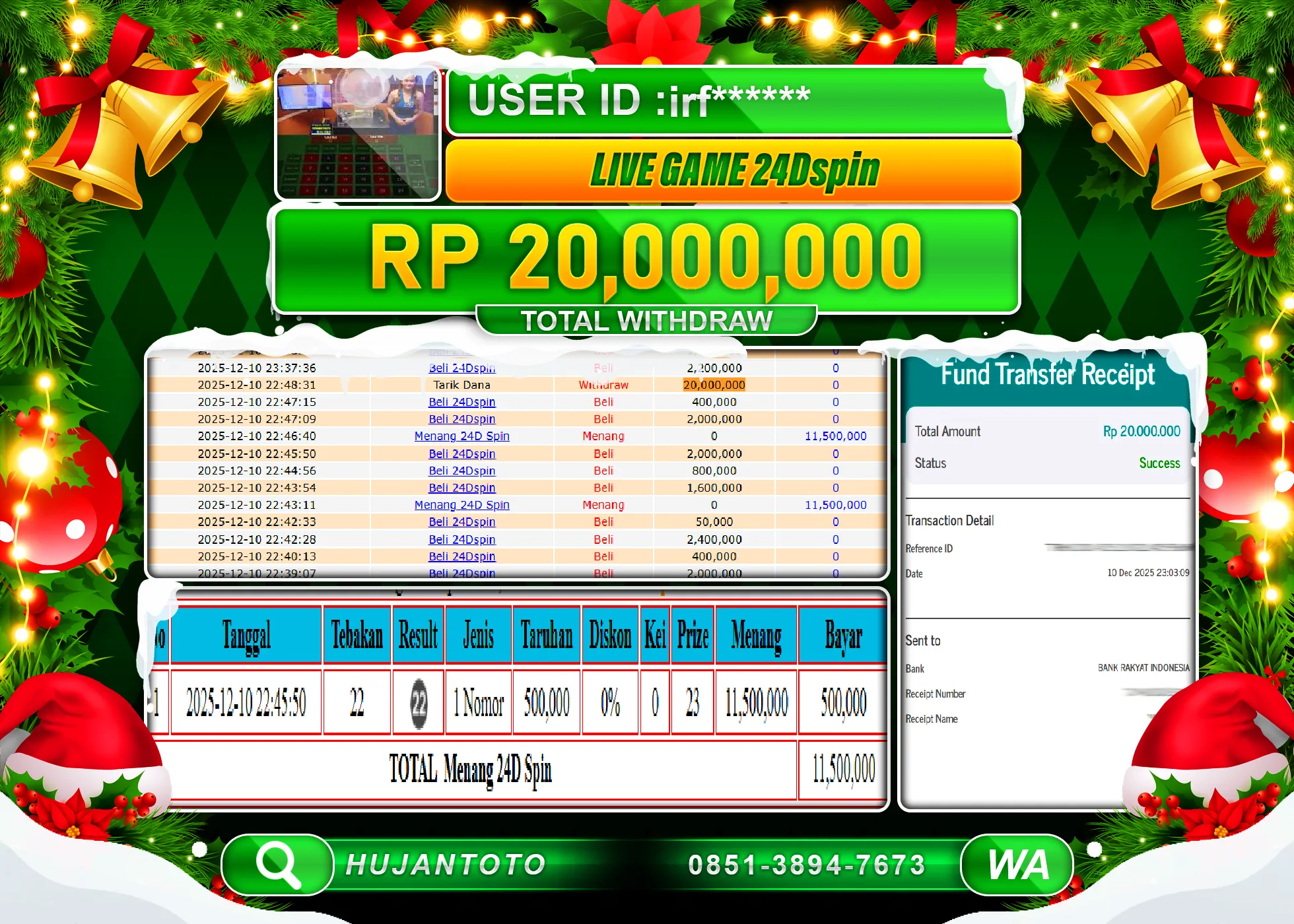 HUJANTOTO - BUKTI JACKPOT MENANG LIVEGAMES 24D Spin Rp.20,000,000 - TERBAYAR LUNAS