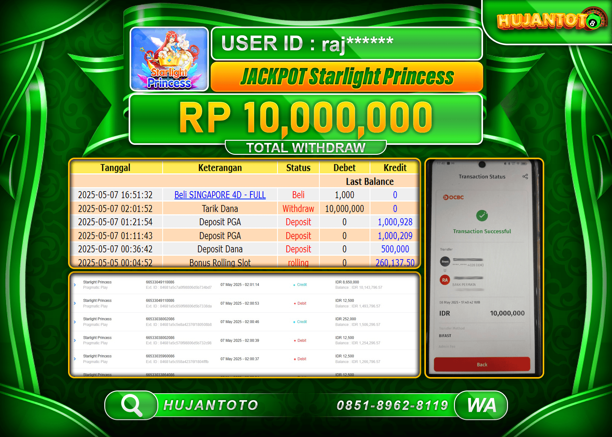 HUJANTOTO - BUKTI JACKPOT MENANG SLOT STARLIGHT PRINCESS Rp,10,000,000 - TERBAYAR LUNAS