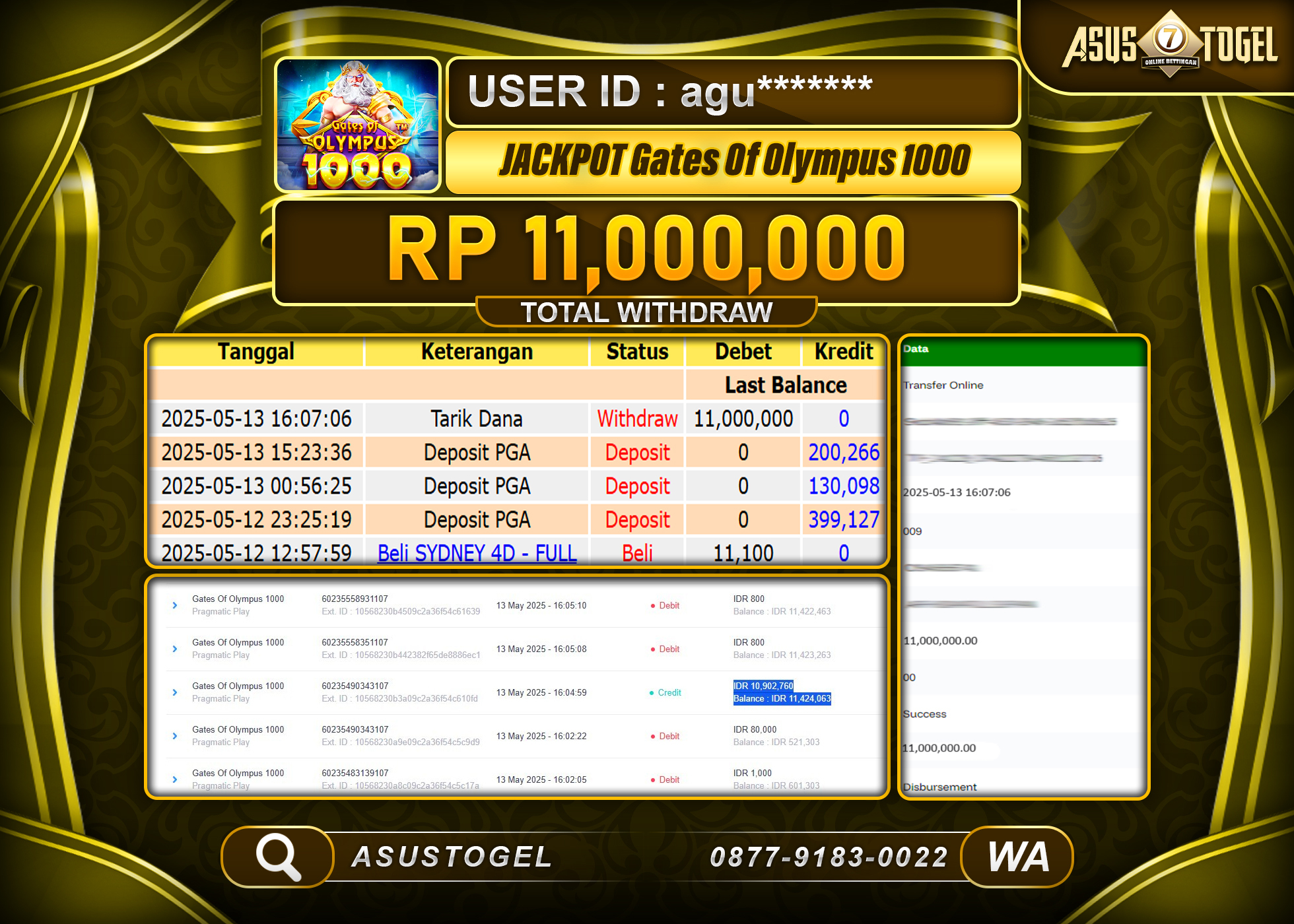 ASUSTOGEL KEMENANGAN DI SLOT GATES OF OLYMPUS 1000 SEBESAR 11,000,000- RUPIAH LUNAS