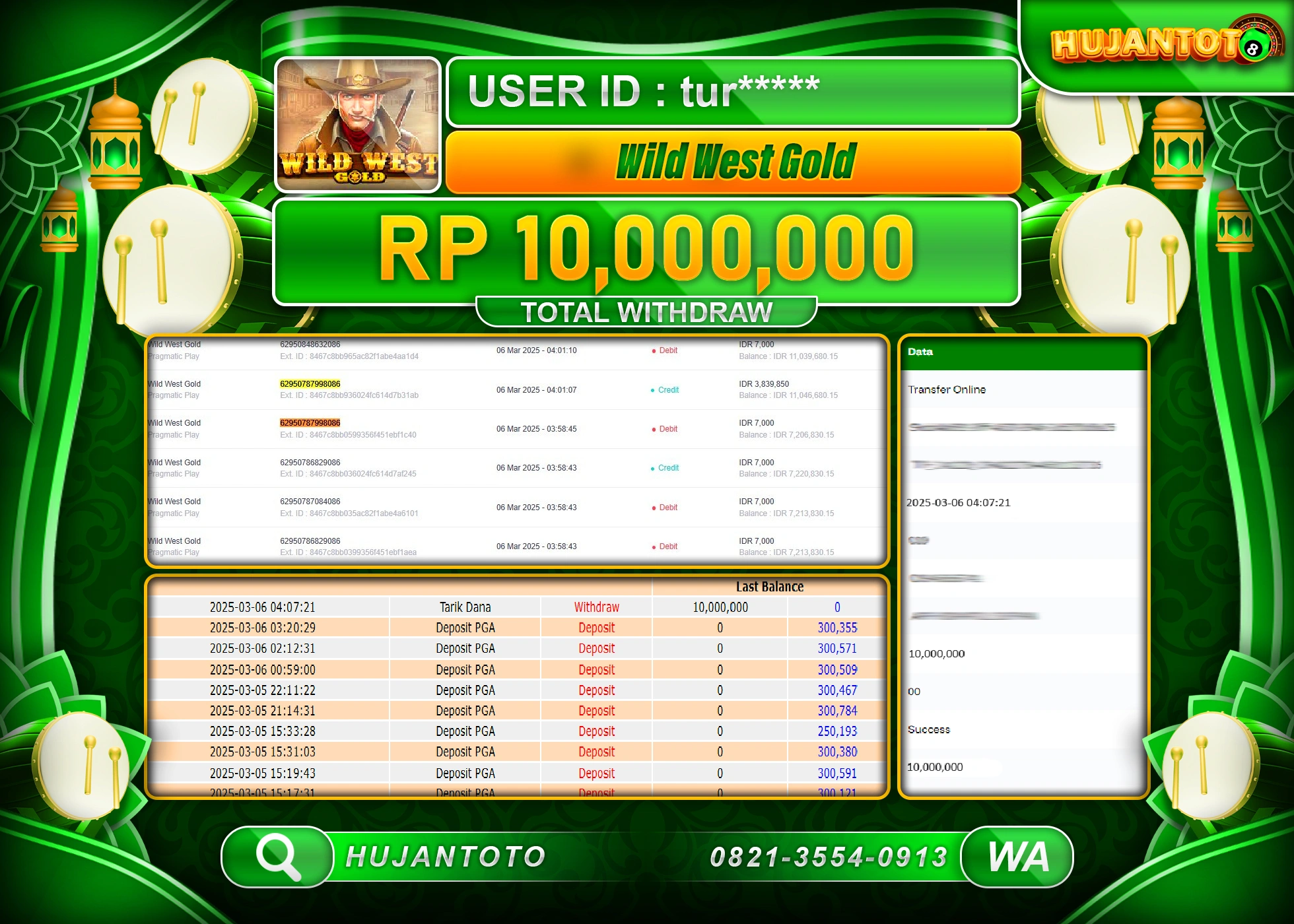 HUJANTOTO - BUKTI JACKPOT MENANG SLOT WILD WEST GOLD Rp,10,000,000 - TERBAYAR LUNAS