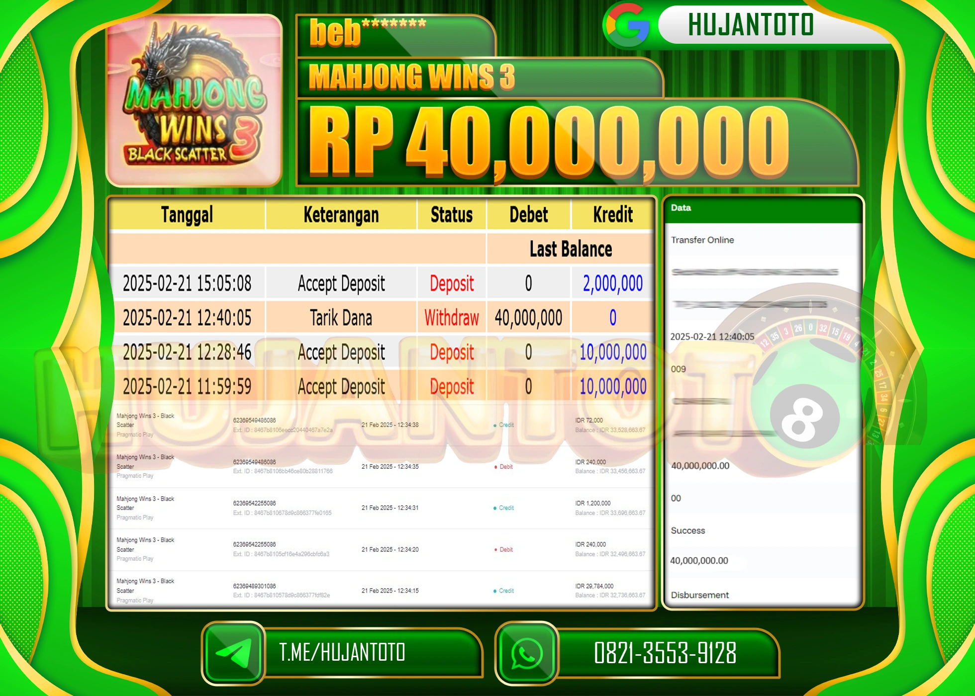 HUJANTOTO - BUKTI JACKPOT MENANG SLOT MAHJONG WINS 3 Rp,40,000,000 - TERBAYAR LUNAS