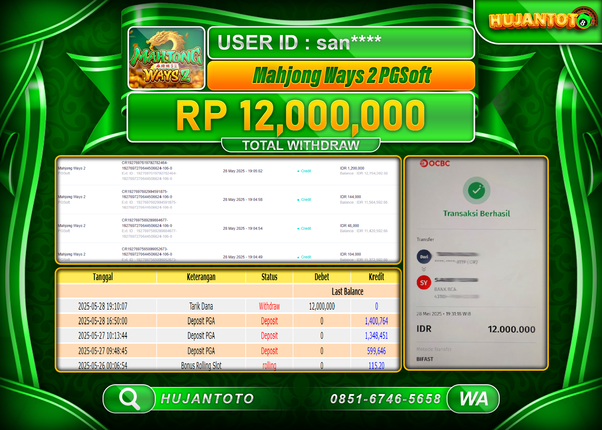 HUJANTOTO - BUKTI JACKPOT MENANG SLOT MAHJONG WAYS 2 Rp.12,000,000 - TERBAYAR LUNAS