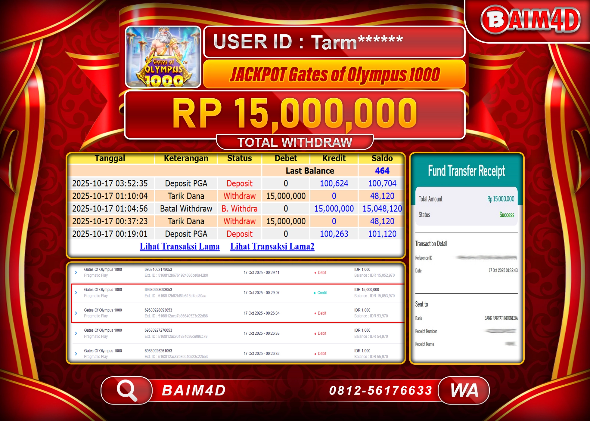 BAIM4D JACKPOT SLOT GATES OF OLYMPUS 1000 Rp.15,000,000.- LUNAS