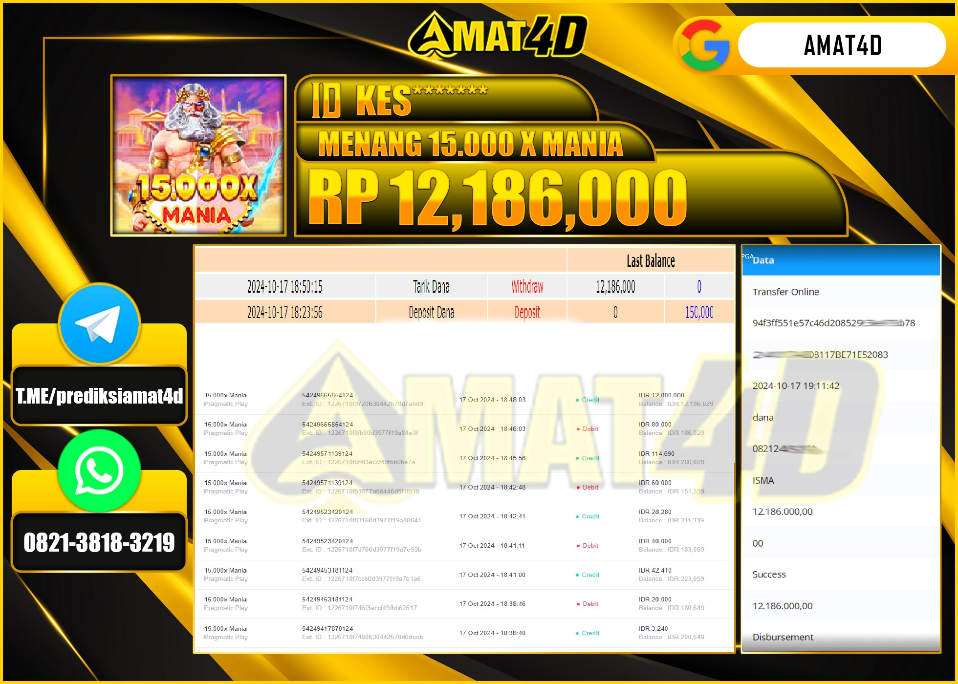 AMAT4D JACKPOT SLOT 15.000 X MANIA  Rp.12.186.000 BERHASIL DI BAYAR LUNAS
