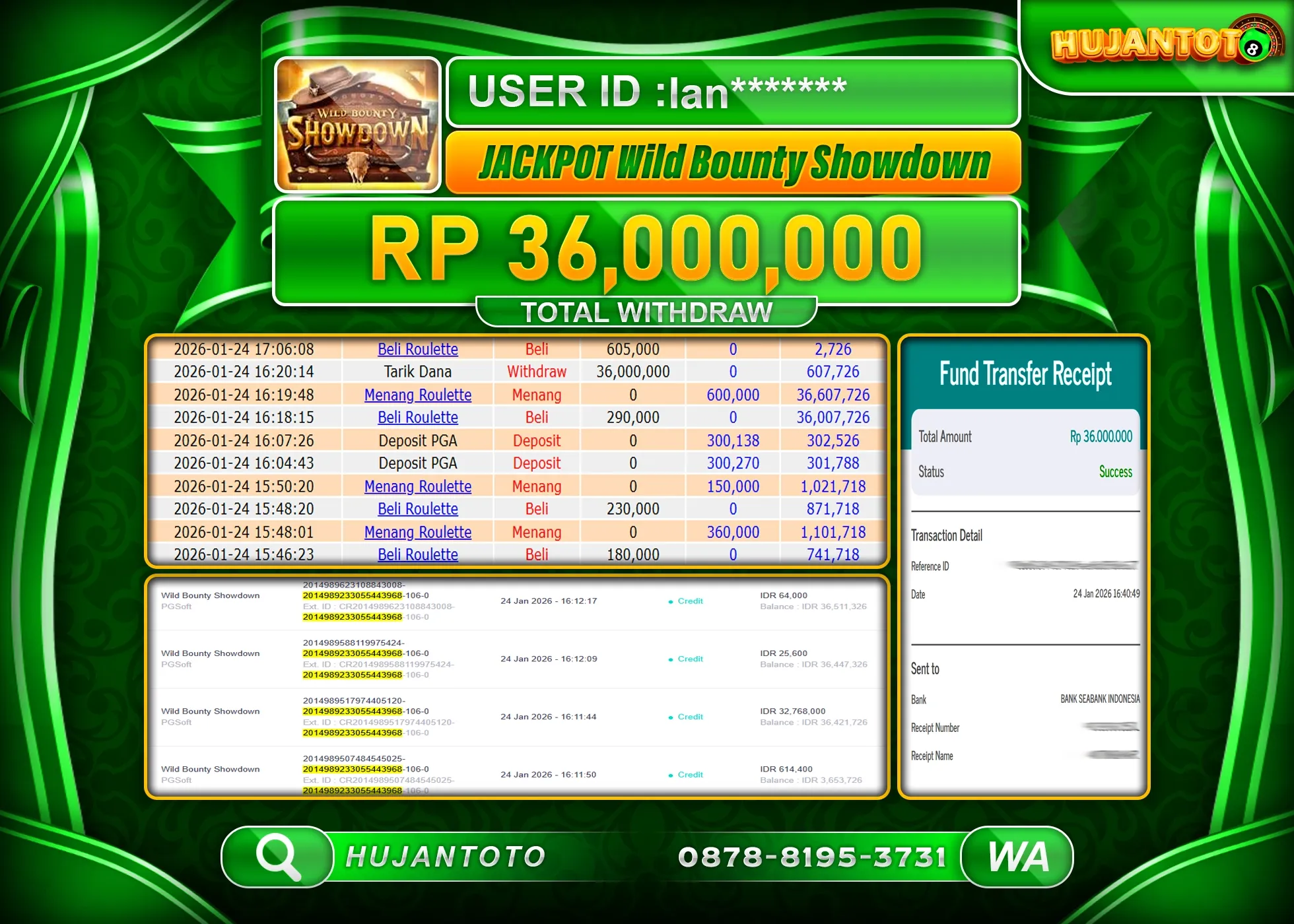 HUJANTOTO - BUKTI JACKPOT MENANG SLOT WILD BOUNTY SHOWDOWN Rp.36,000,000 - TERBAYAR LUNAS