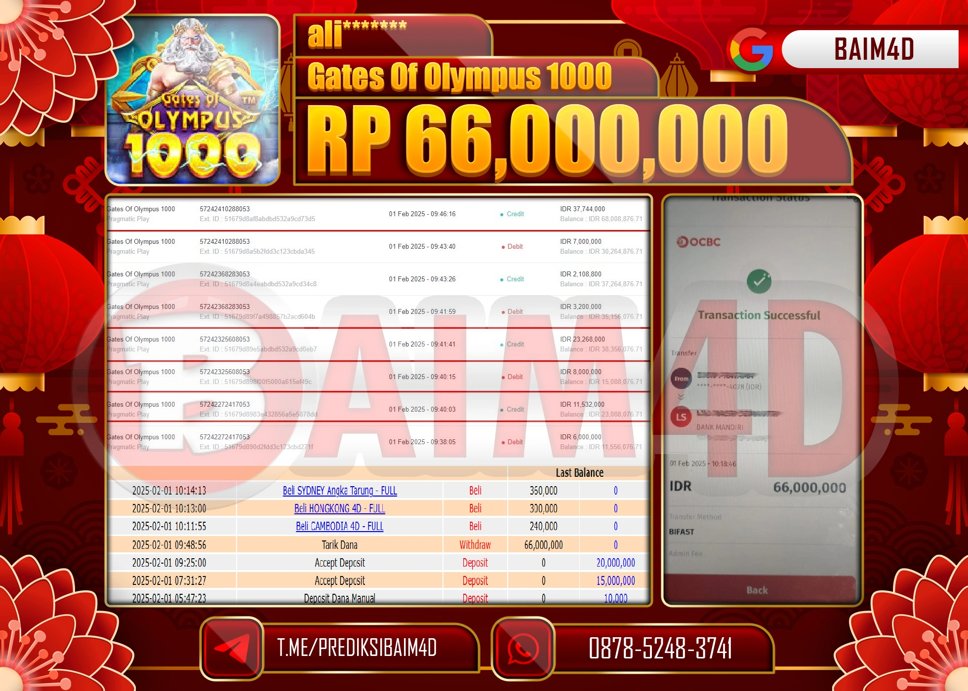 BAIM4D JACKPOT MENANG GATES OF OLYMPUS 1000  1000  Rp.66.000,000.- LUNAS