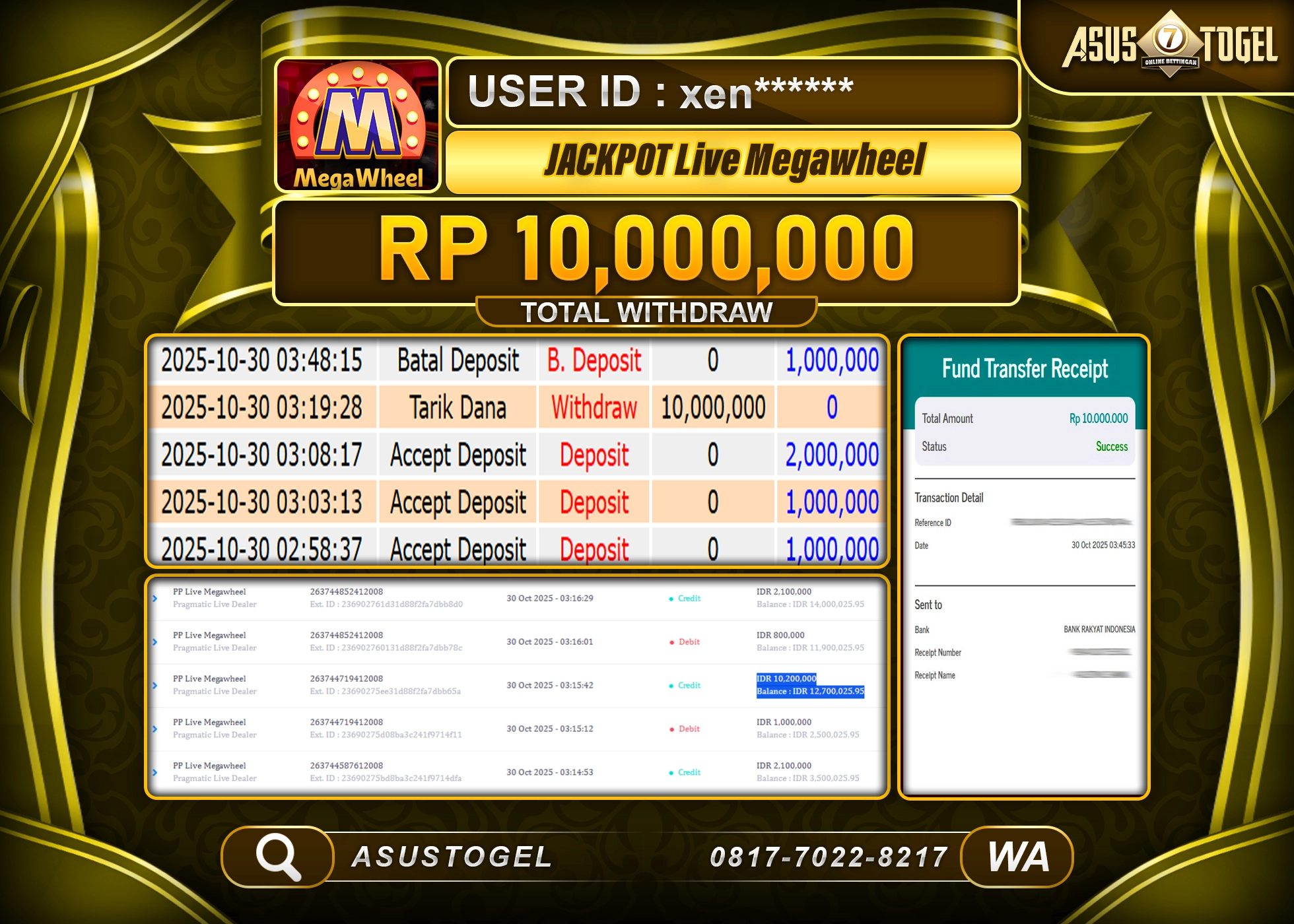 ASUSTOGEL KEMENANGAN DI LIVE GAMES MEGAWHEEL SEBESAR 10,000,000- RUPIAH LUNAS
