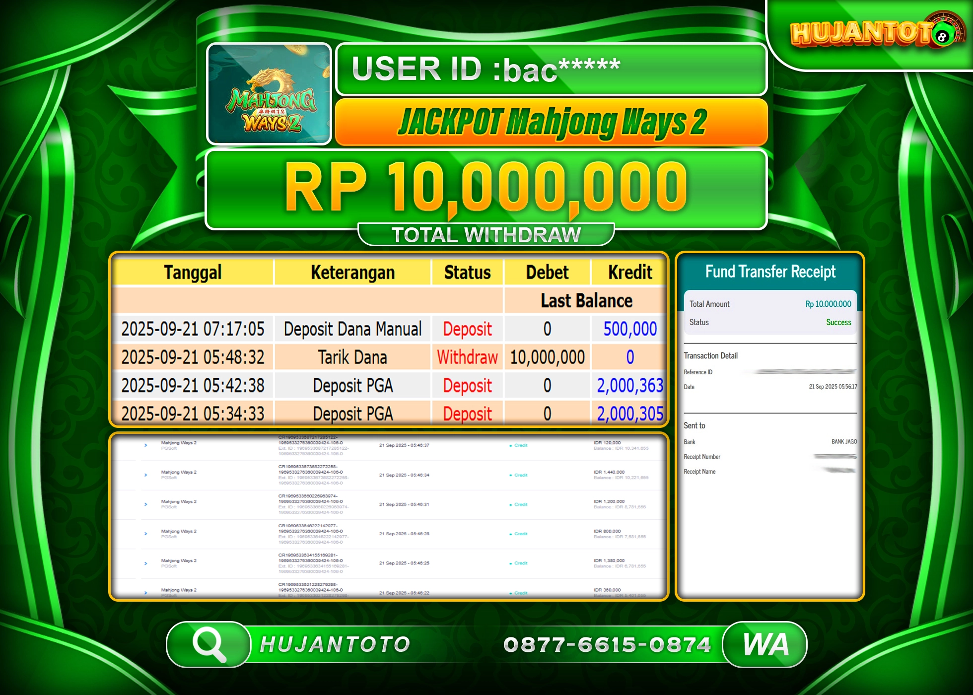 HUJANTOTO - BUKTI JACKPOT MENANG SLOT MAHJONG WAYS 2 Rp.10,000,000 - TERBAYAR LUNAS