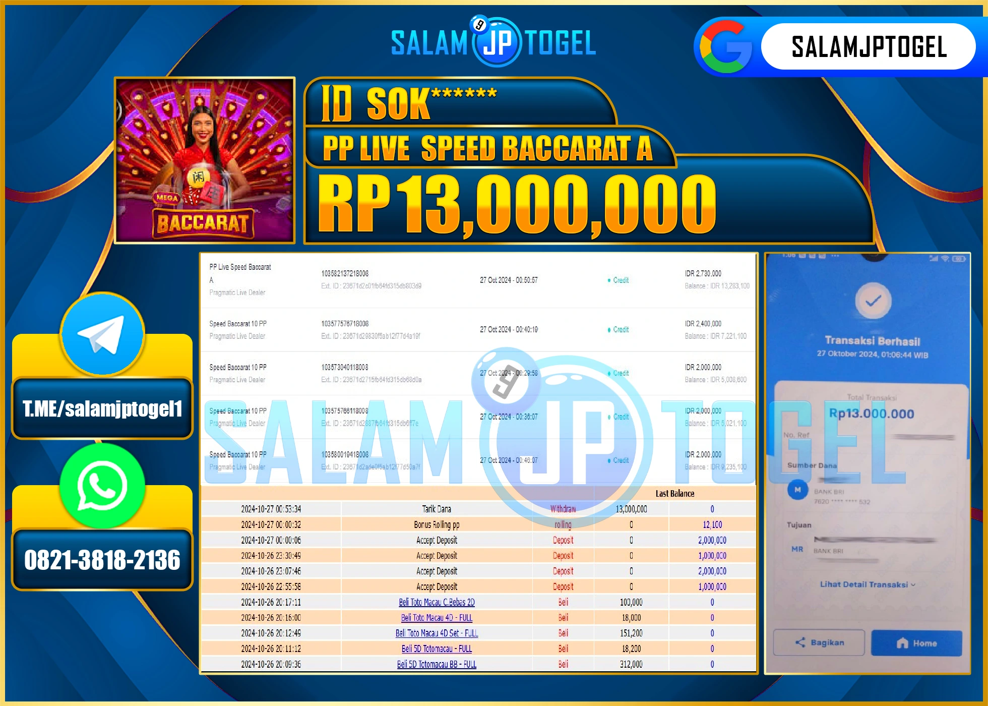 SALAMJPTOGEL MENANG PP LIVE SPEED BACCARAT A RP. 13,000,000 LUNAS