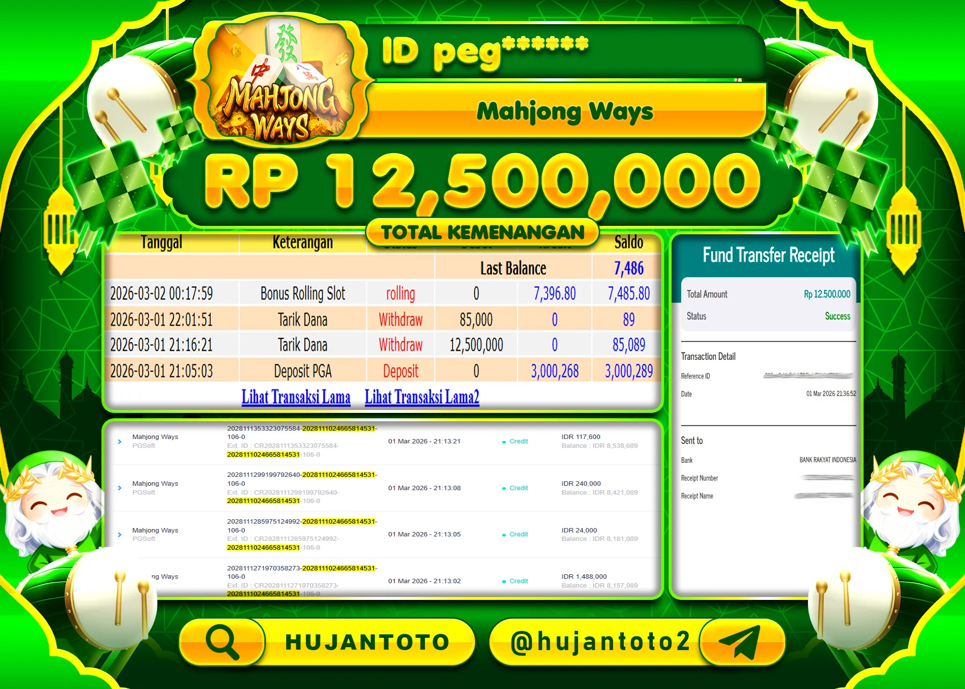 HUJANTOTO - BUKTI JACKPOT MENANG SLOT MAHJONG WAYS Rp.12,500,000 - TERBAYAR LUNAS