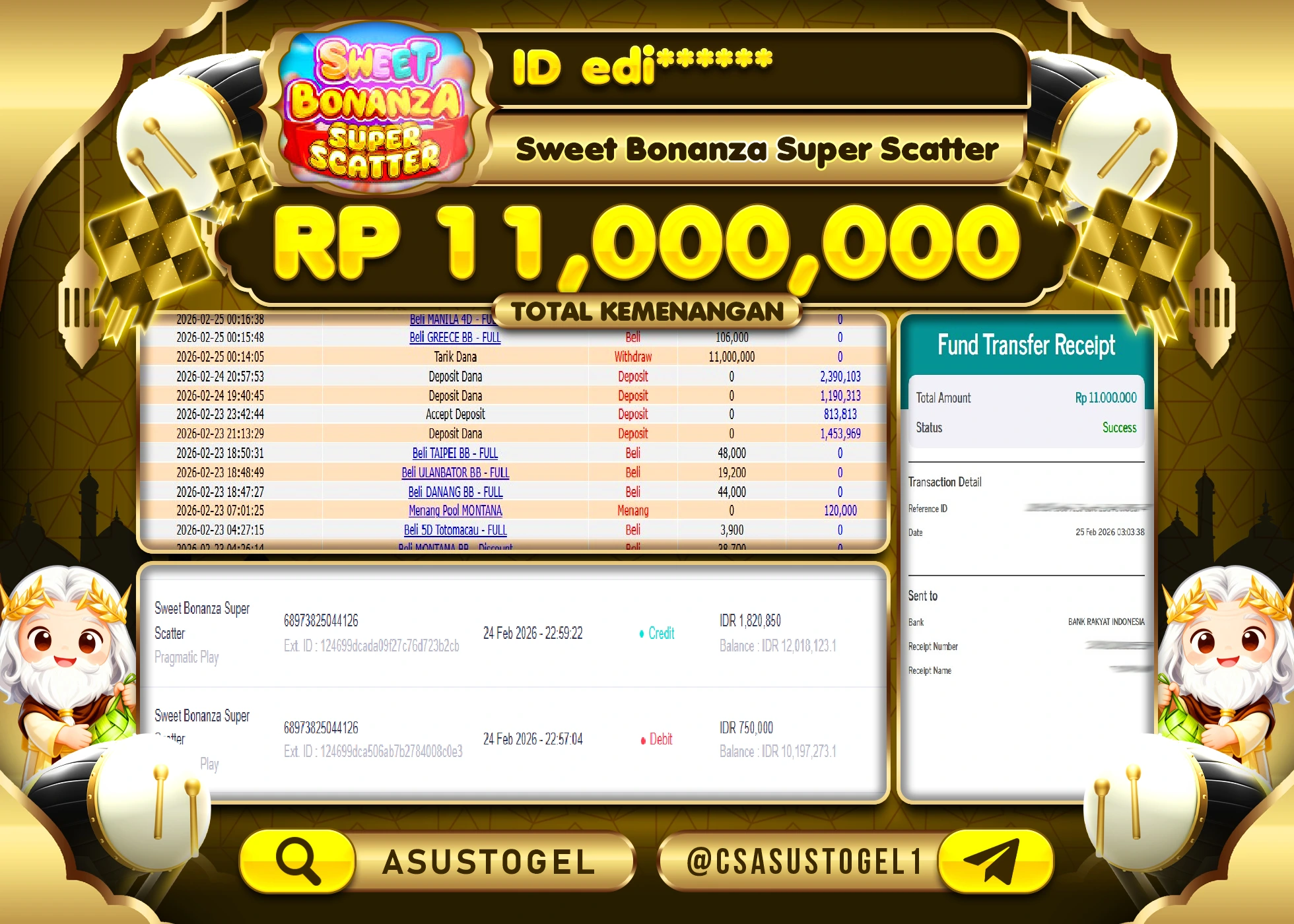 ASUSTOGEL KEMENANGAN DI SLOT SWEET BONANZA SUPER SCATTER SEBESAR 11,000,000 - RUPIAH LUNAS