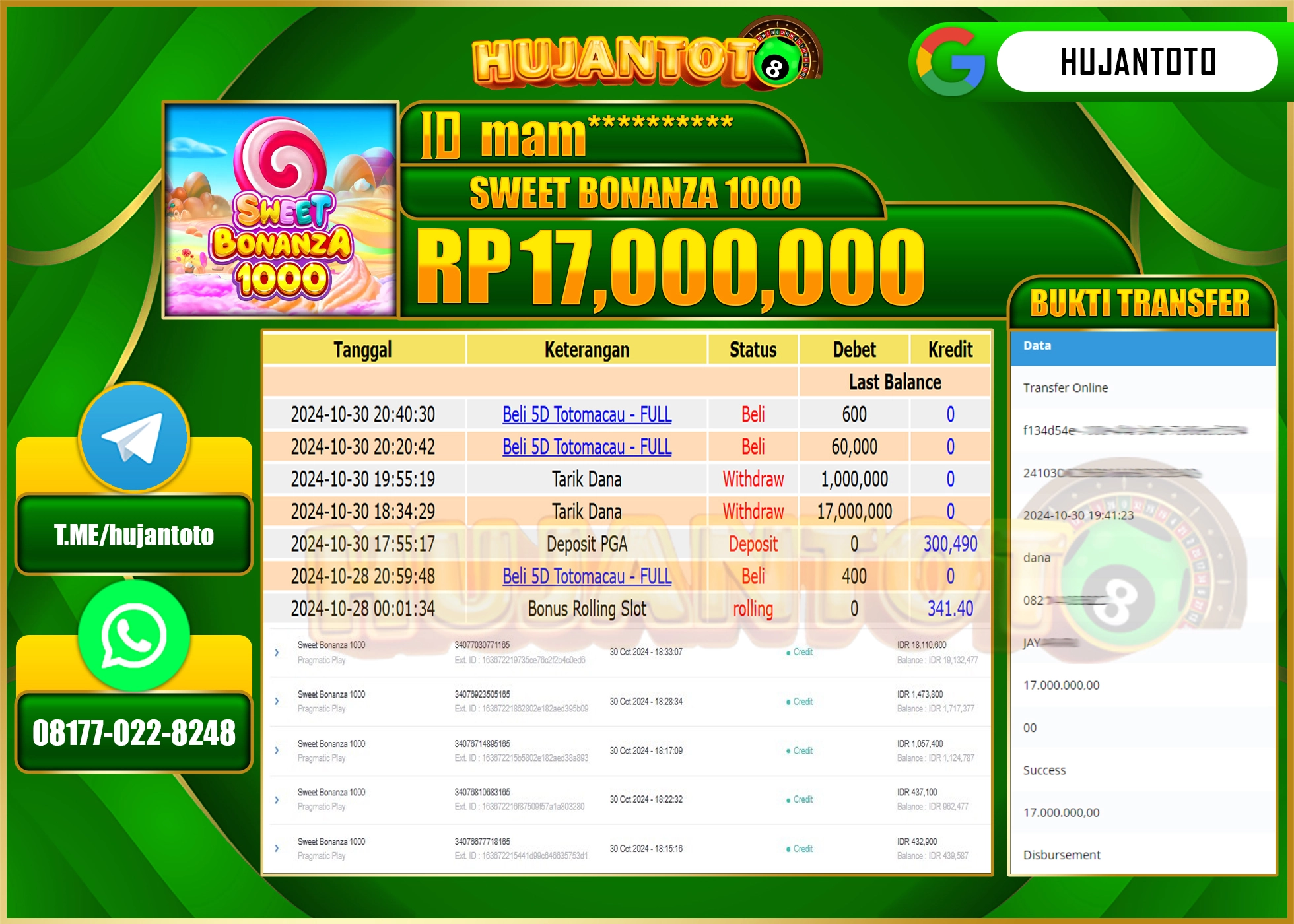 HUJANTOTO MENANG BESAR DI PERMAINAN SLOT SWEET BONANZA - 17,000,000  - LUNAS