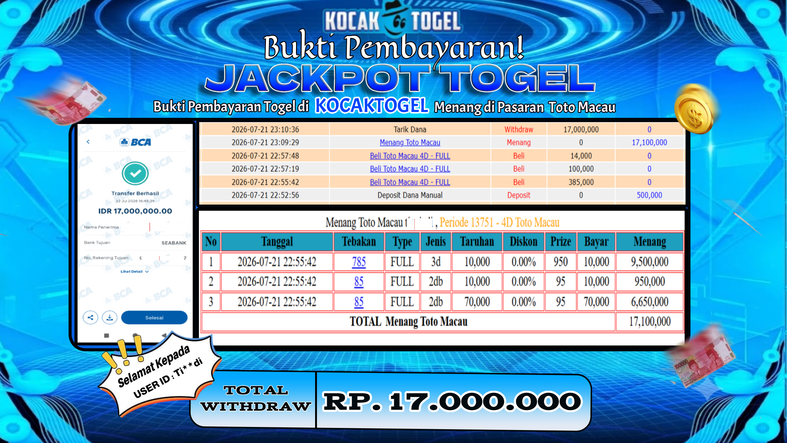 🏆 BUKTI KEMENANGAN TOGEL TOTOMACAU MEMBER KOCAKTOGEL  🏆