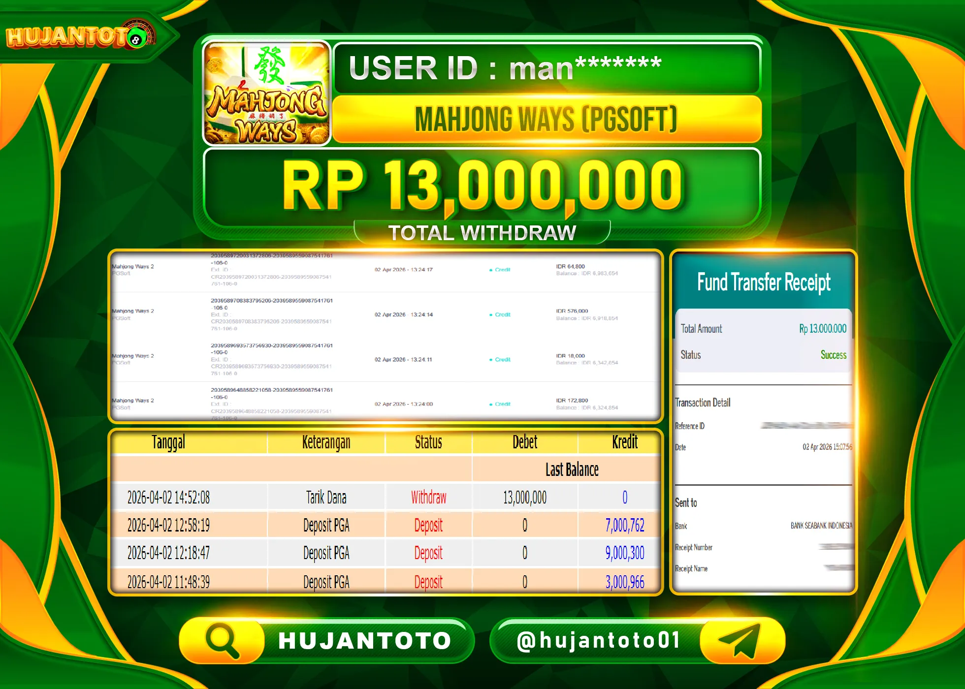 HUJANTOTO - BUKTI JACKPOT MENANG SLOT MAHJONG WAYS  Rp.13,000,000 - TERBAYAR LUNAS