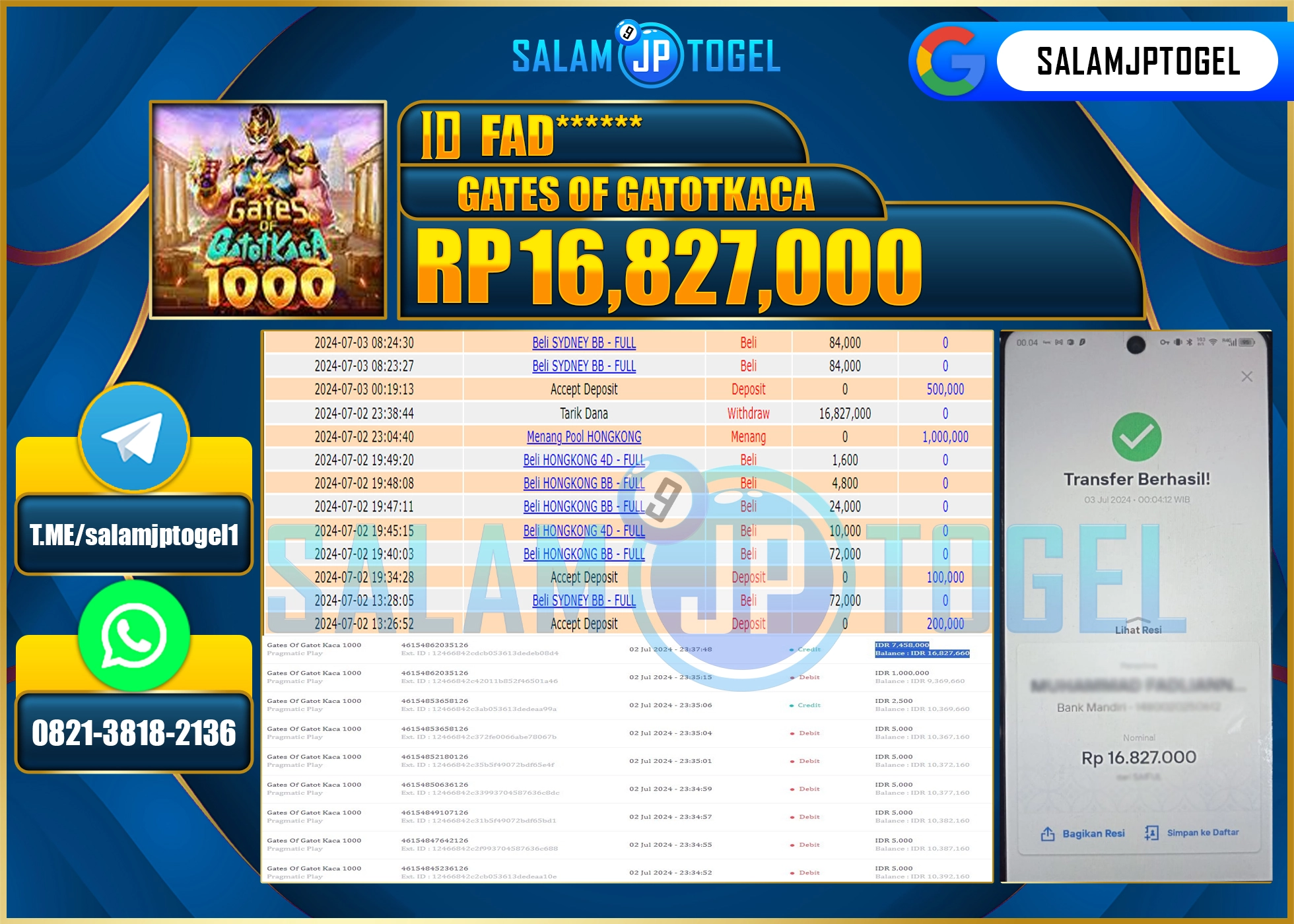 SALAMJPTOGEL MENANG GATES OF GATOT KACA RP. 16,827,000.,LUNAS