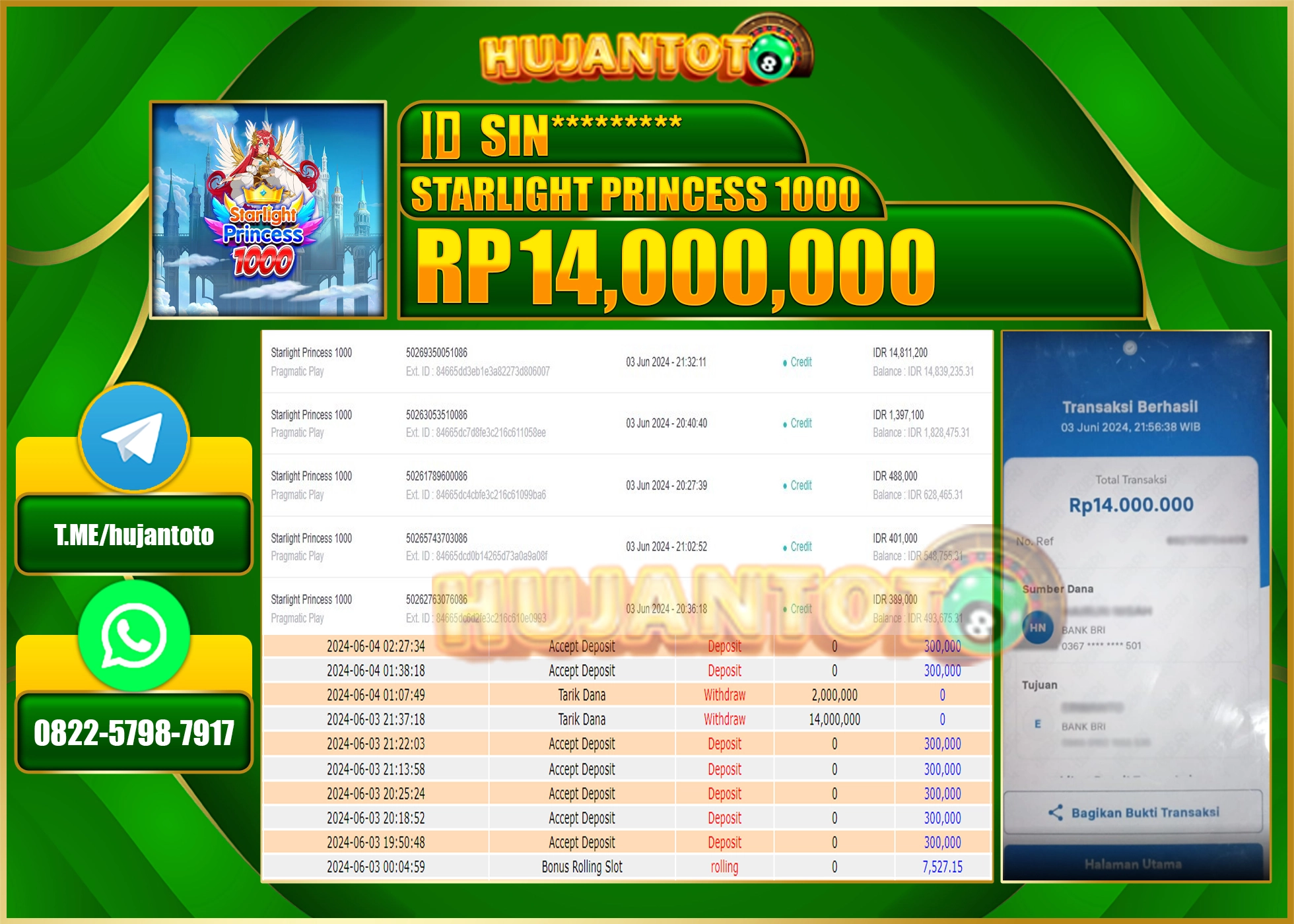 HUJANTOTO MENANG SLOT STARLIGHT PRINCESS(1000) 14.000.000 - LUNAS 