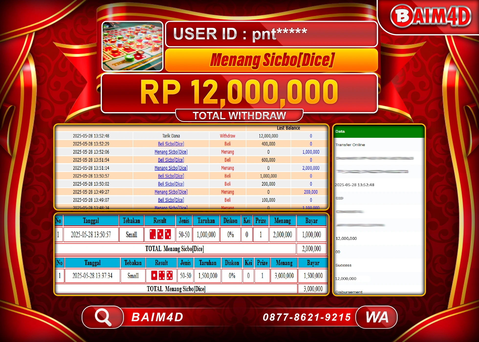 BAIM4D MENANG JACKPOT LIVE GAME SICBO DICE Rp12,000,000 - LUNAS