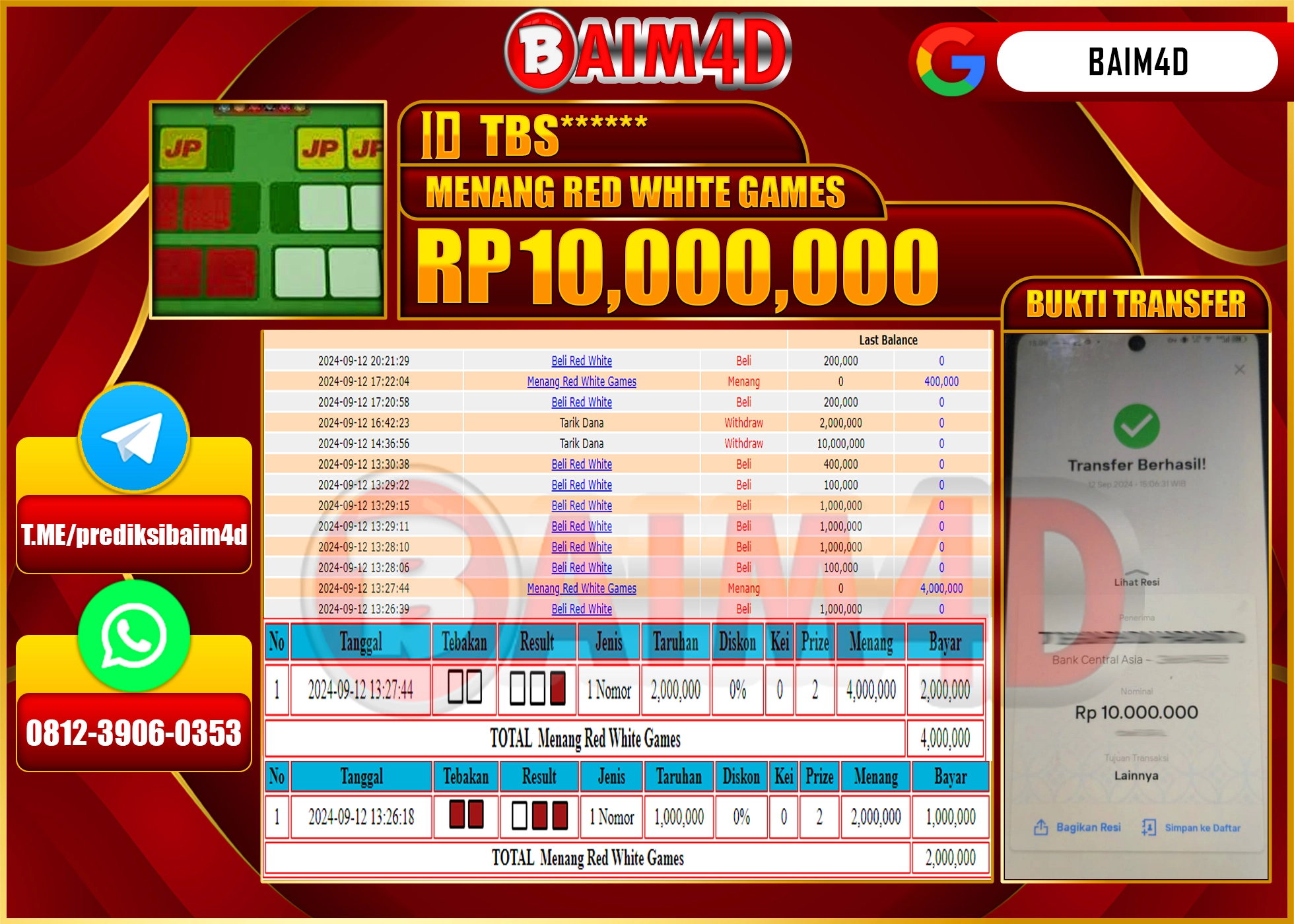 BAIM4D JACKPOT MENANG RED WHITE GAMES Rp.10.000,000.- LUNAS
