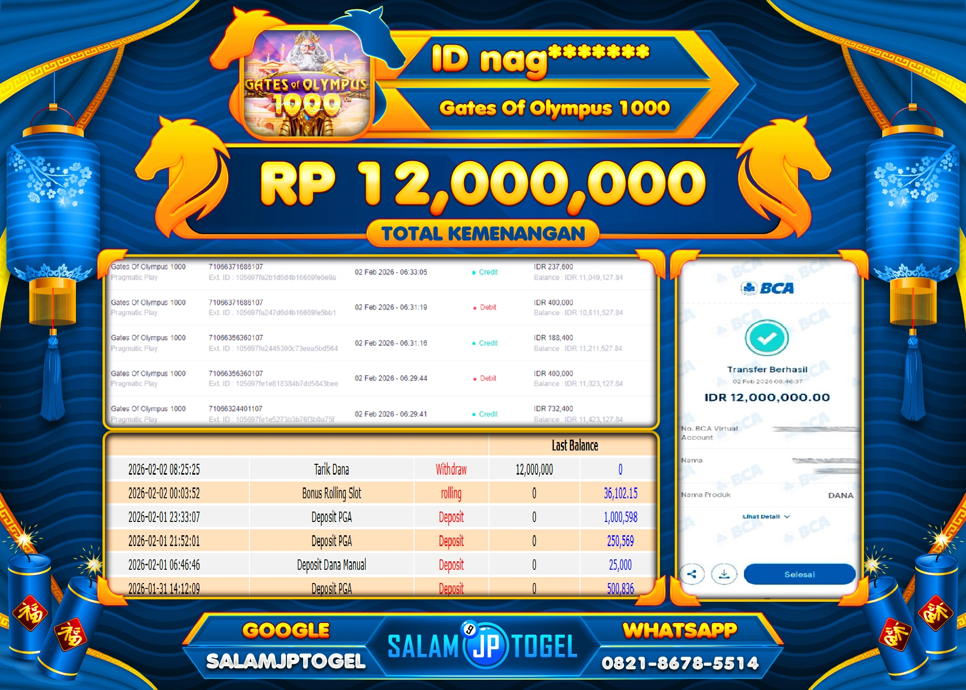 SALAMJPTOGEL JACKPOT GATES OF OLYMPUS 1000 Rp.12,000,000 - LUNAS
