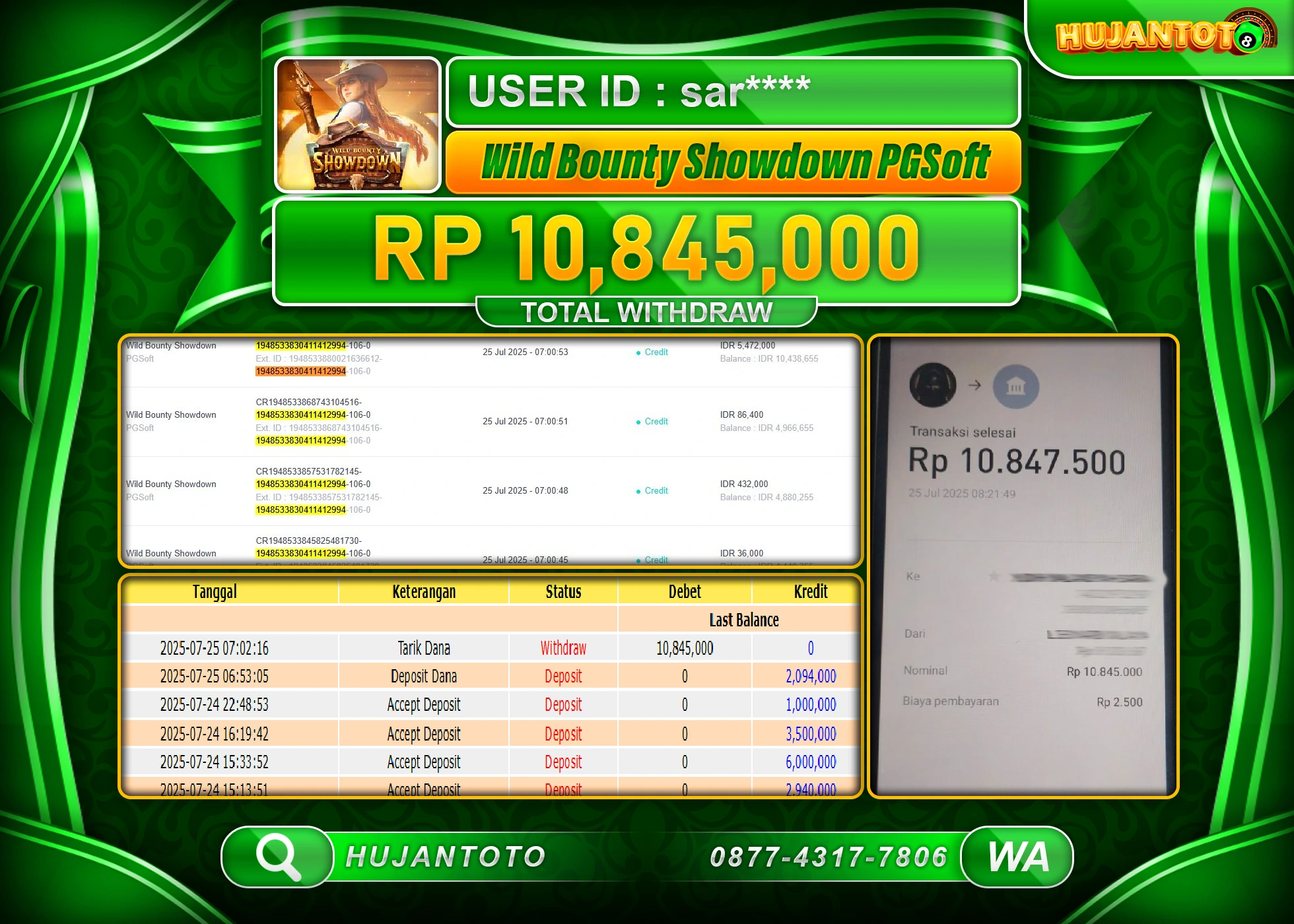 HUJANTOTO - BUKTI JACKPOT MENANG SLOT WILD BOUNTY SHOWDOWN Rp.10,845,000 - TERBAYAR LUNAS