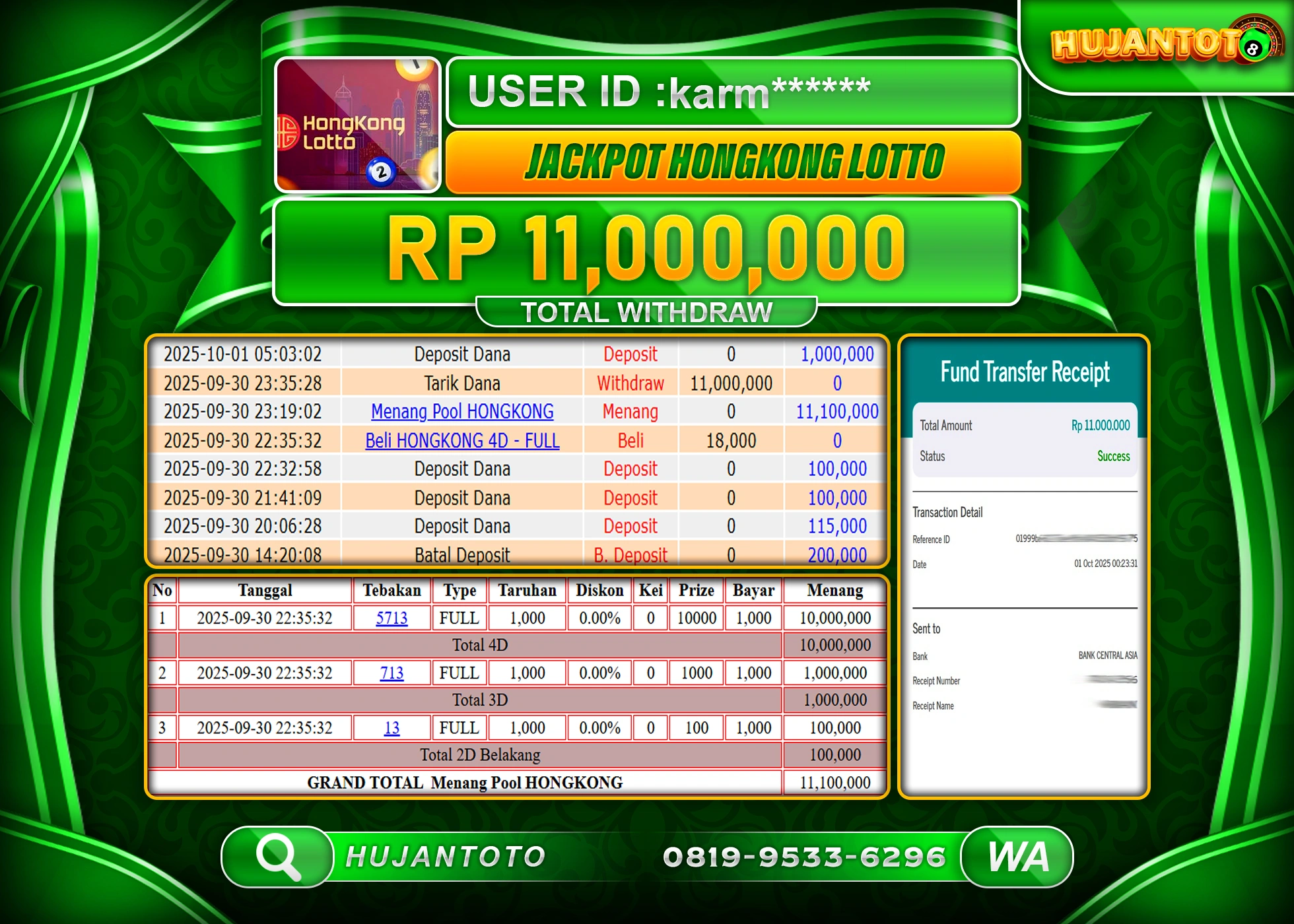 HUJANTOTO - BUKTI JACKPOT MENANG TOGEL HONGKONG LOTTO Rp.11,000,000 - TERBAYAR LUNAS