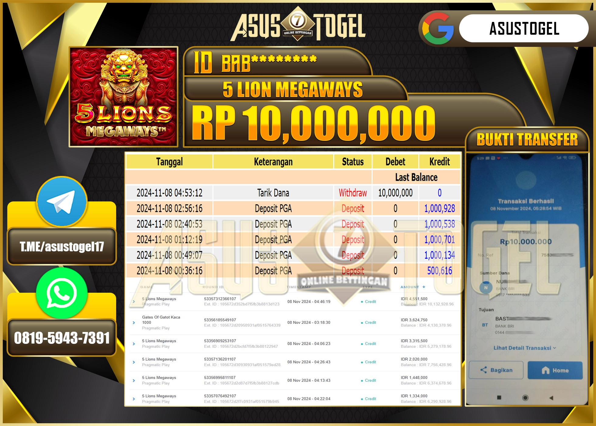 ASUSTOGEL KEMENANGAN DI SLOT 5 LION MEGAWAYS SEBESAR 10,000,000- RUPIAH LUNAS